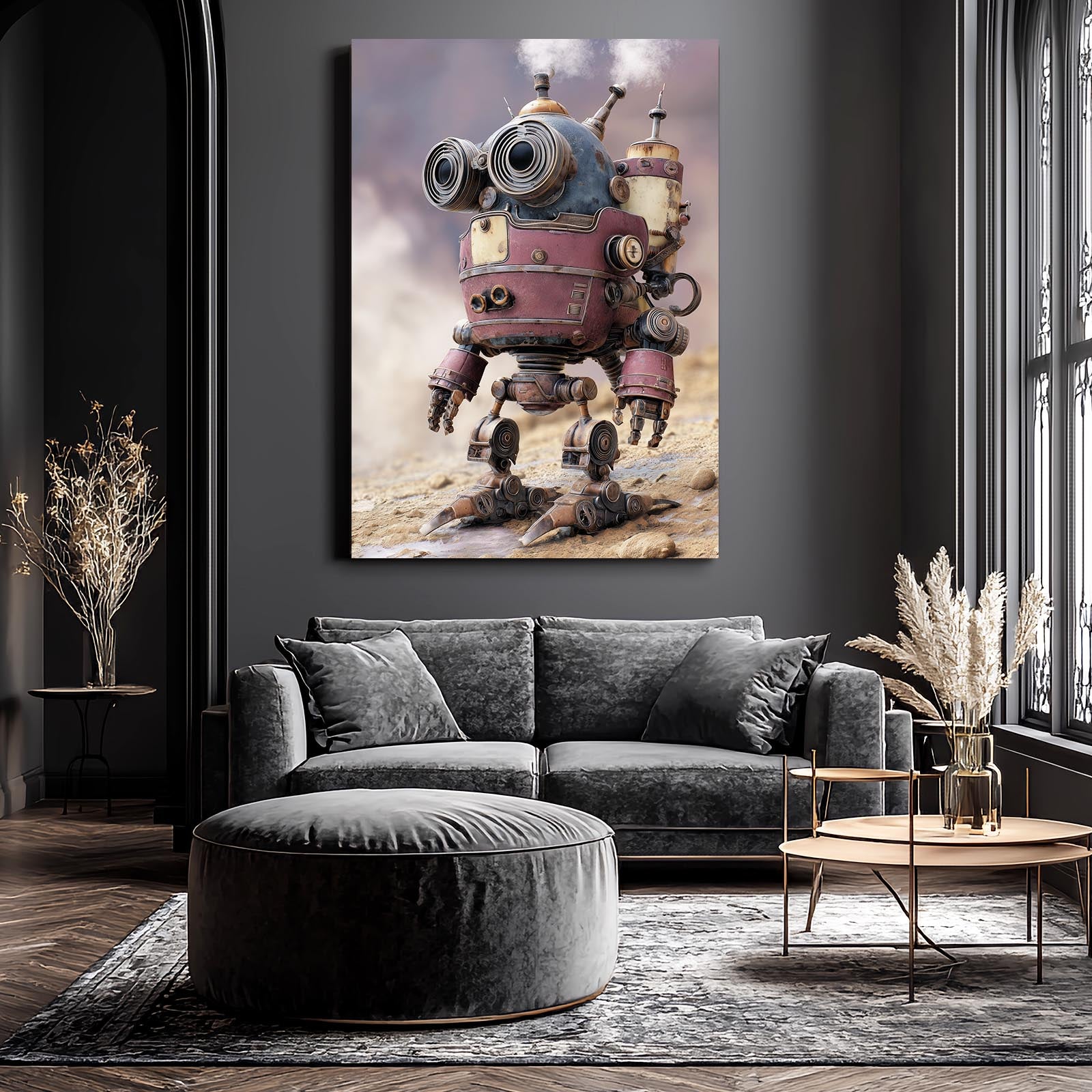 Rose Cloud Robot Steampunk Canvas – styled in a furnished interior