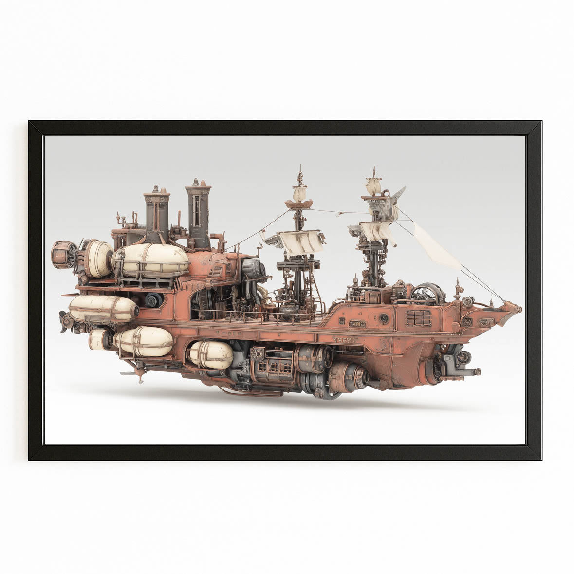 Rose Copper Skyship Steampunk Canvas Art – with Premium Black frame on white background