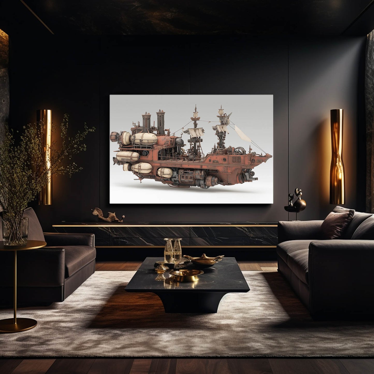 Rose Copper Skyship Steampunk Canvas Art – styled in a furnished interior
