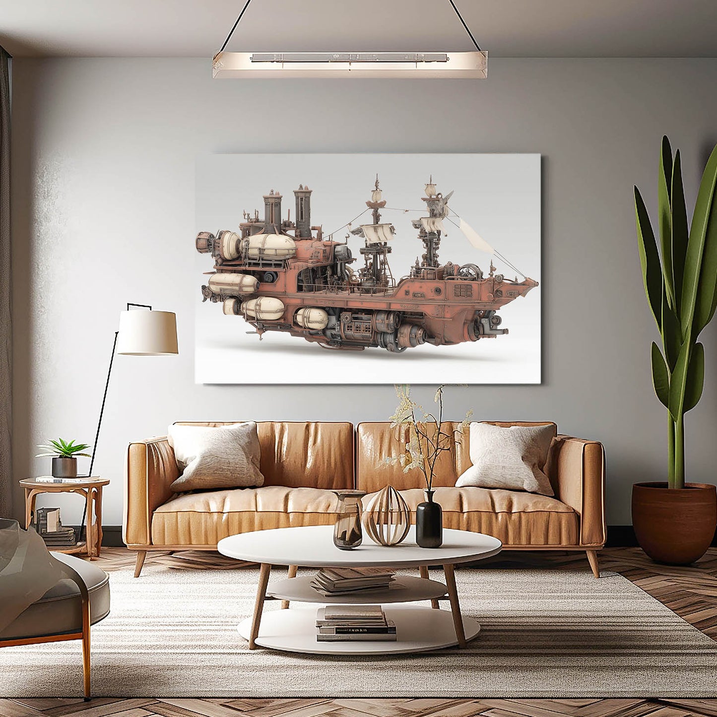 Rose Copper Skyship Steampunk Canvas Art – styled in a furnished interior