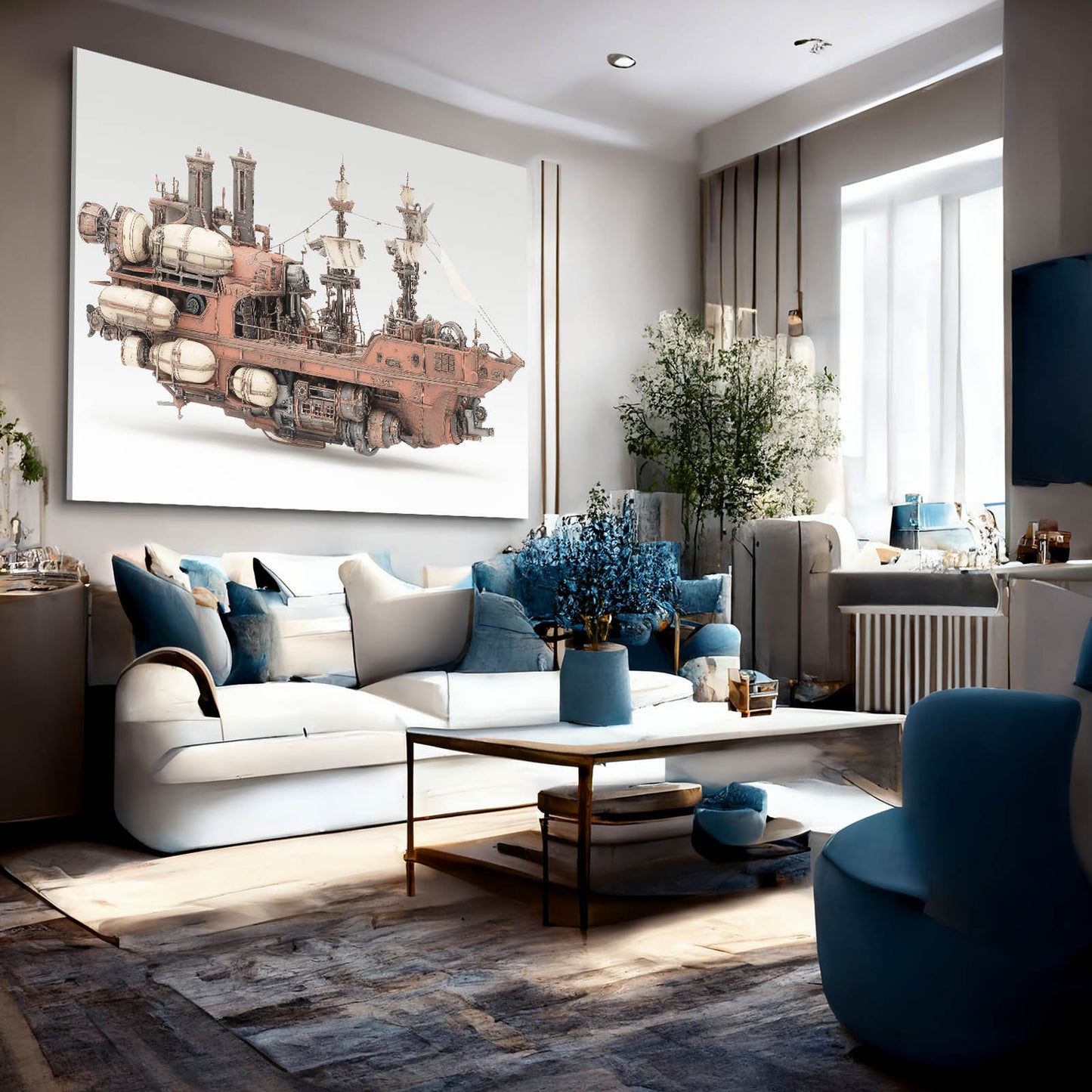 Rose Copper Skyship Steampunk Canvas Art – styled in a furnished interior