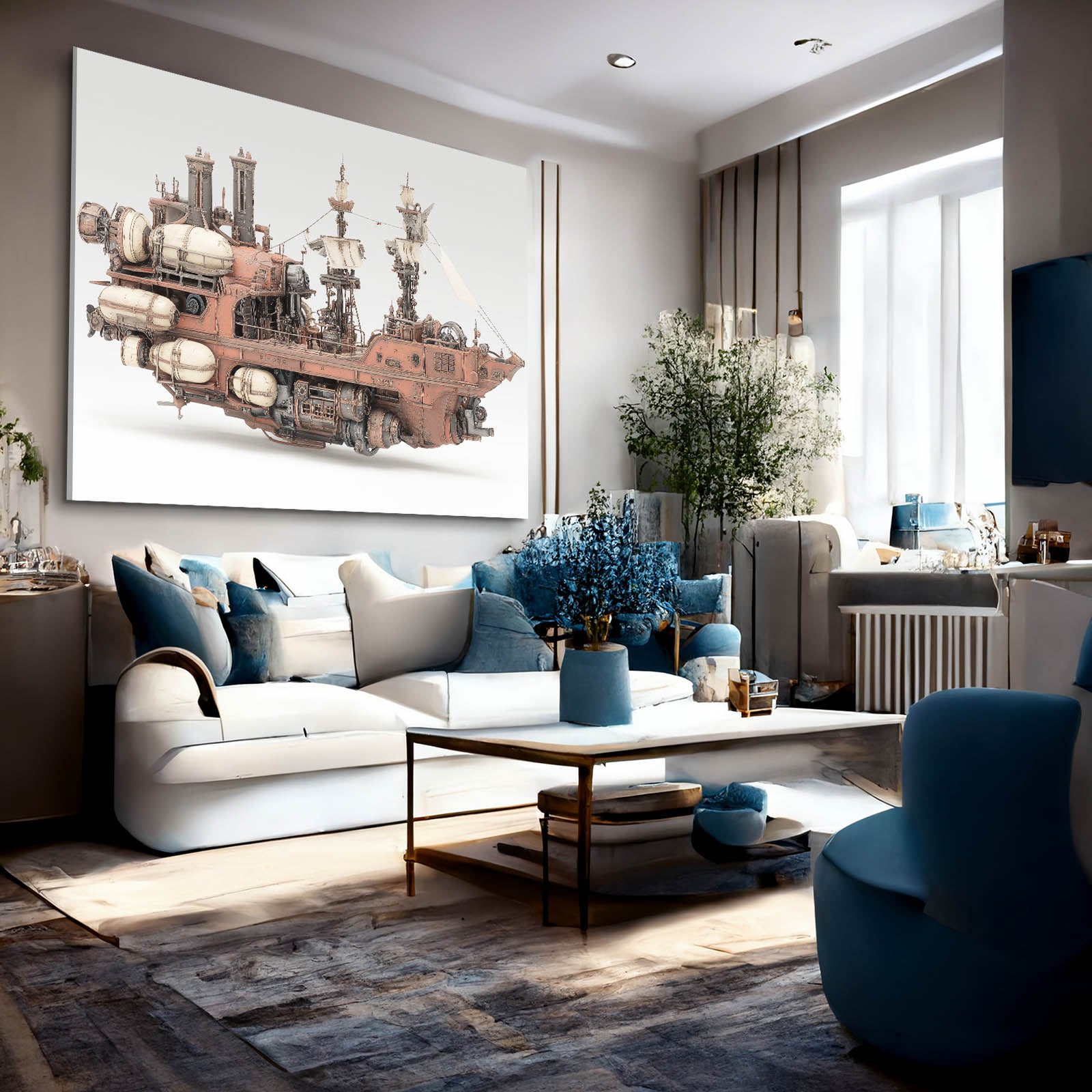 Rose Copper Skyship Steampunk Canvas Art – styled in a furnished interior