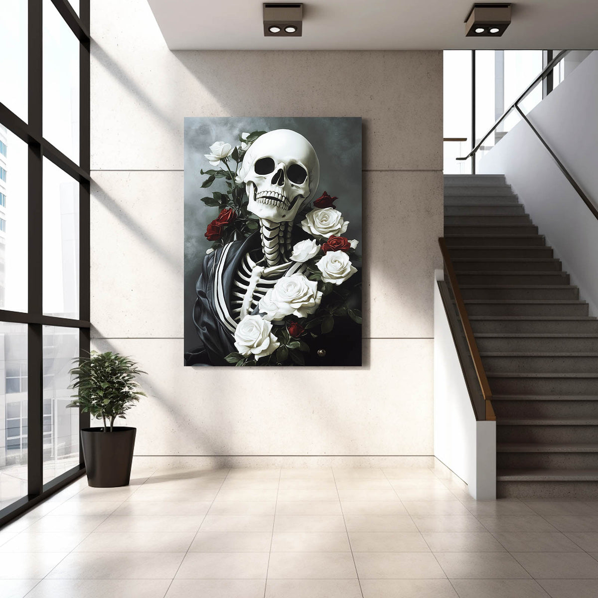 Rose Draped Skull Wall Art — contemporary canvas print, styled in a furnished interior
