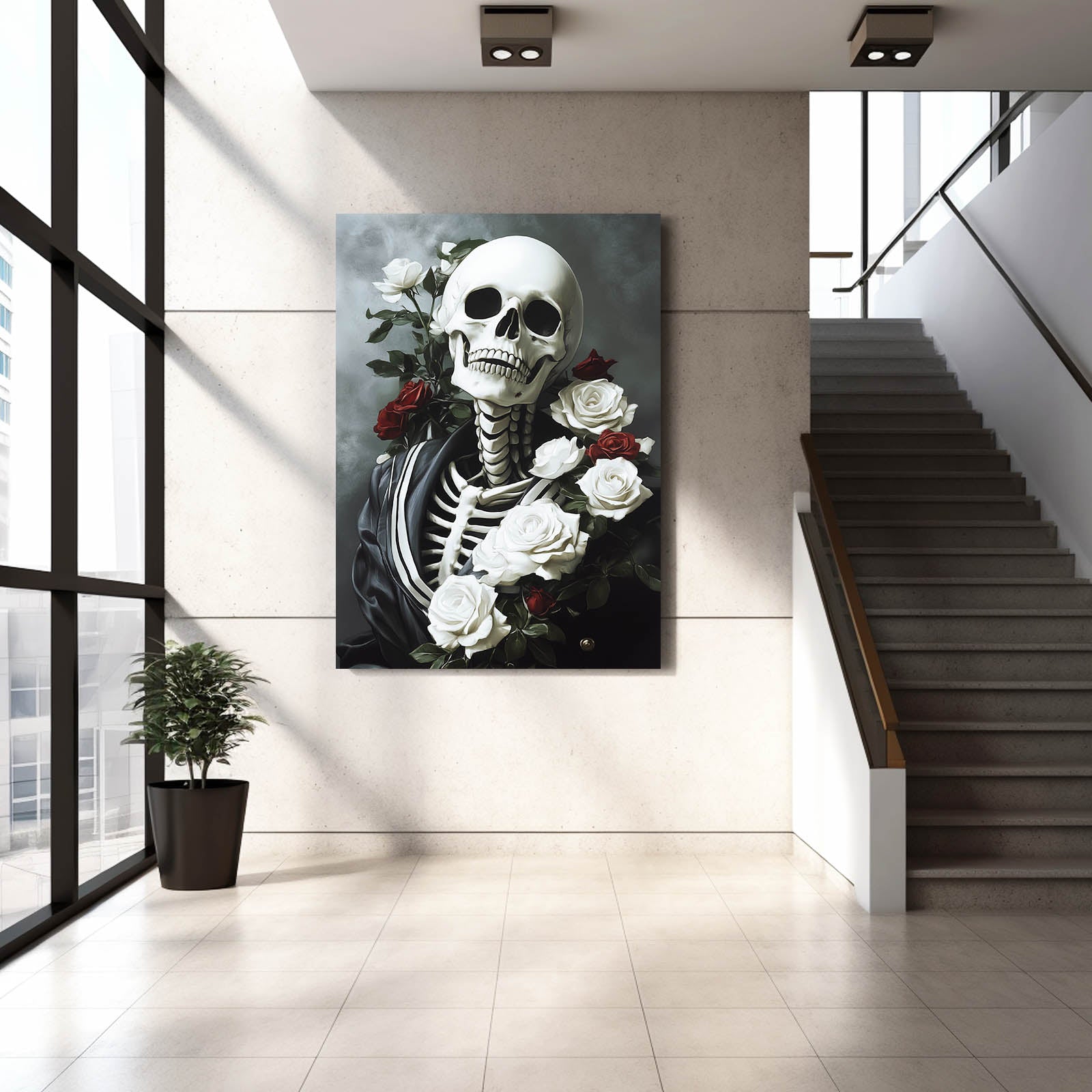 Rose Draped Skull Wall Art — contemporary canvas print, styled in a furnished interior