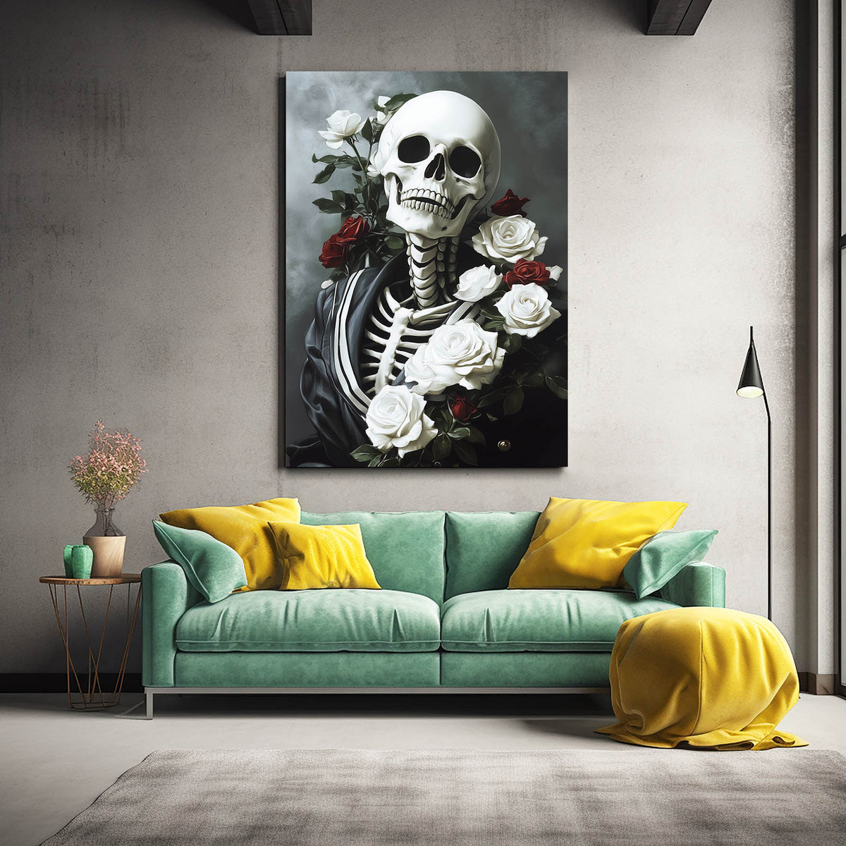 Rose Draped Skull Wall Art — contemporary canvas print, styled in a furnished interior