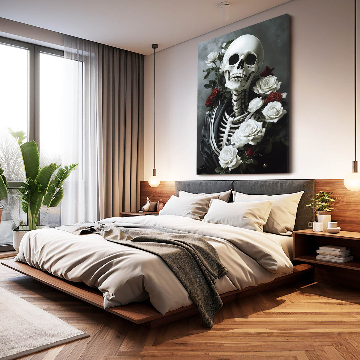 Rose Draped Skull Wall Art — contemporary canvas print, styled in a furnished interior
