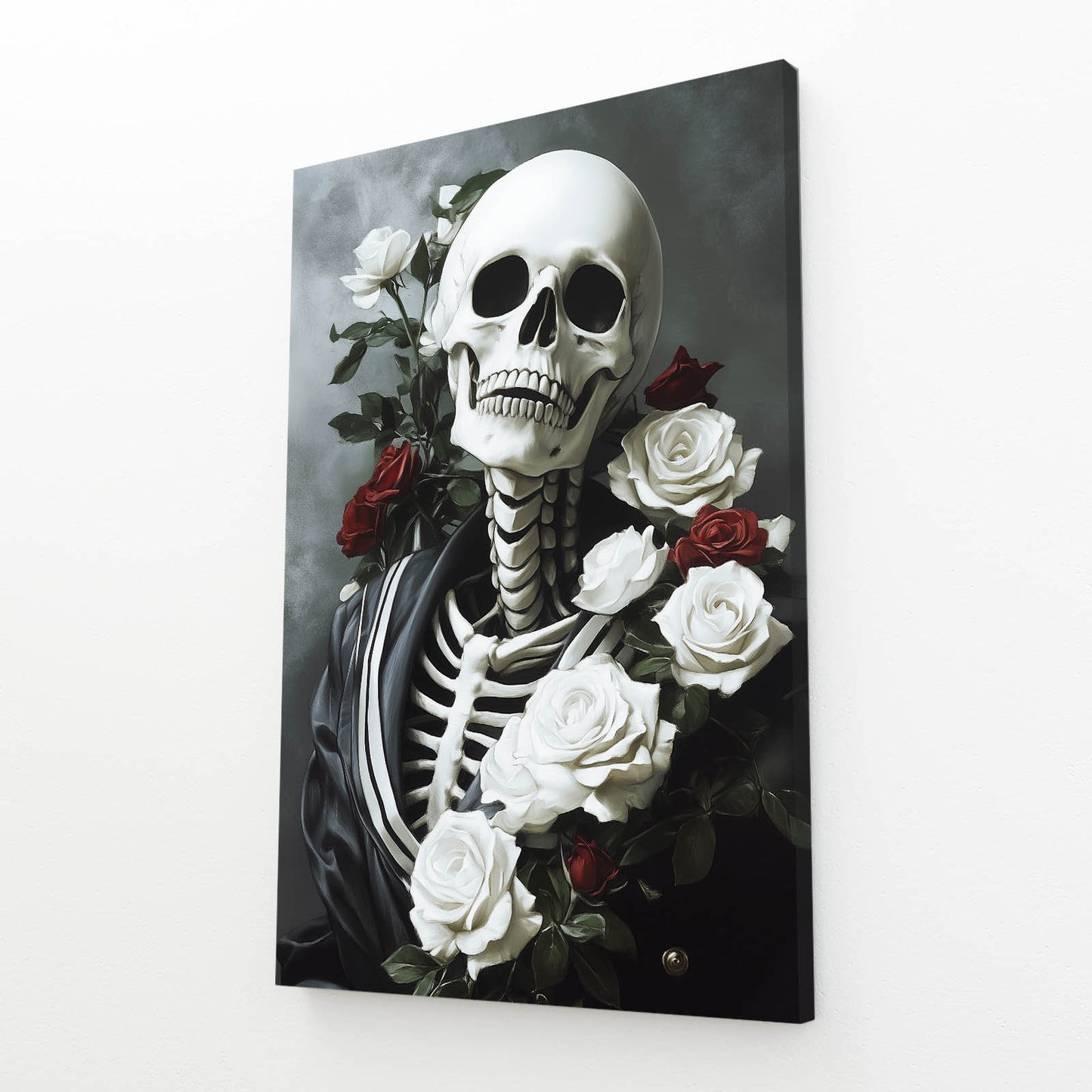 Rose Draped Skull Wall Art — contemporary canvas print, angled canvas view on white background