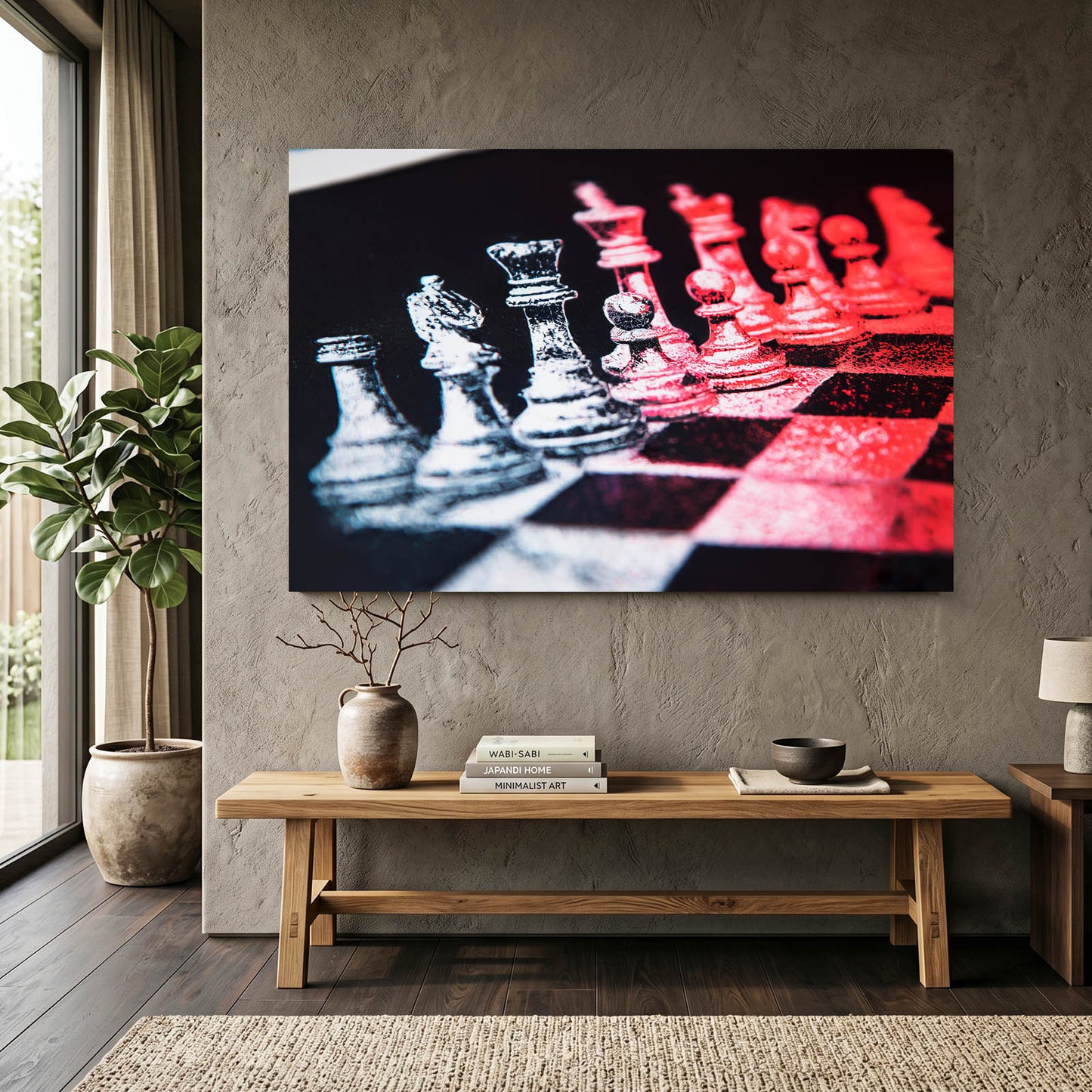 Rose Duotone Standoff Chess Art – styled in a furnished interior