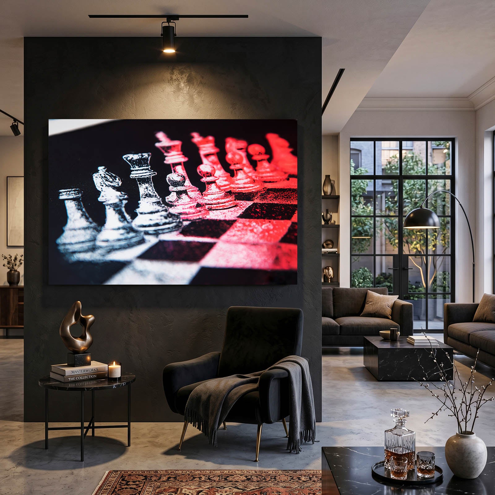 Rose Duotone Standoff Chess Art – styled in a furnished interior