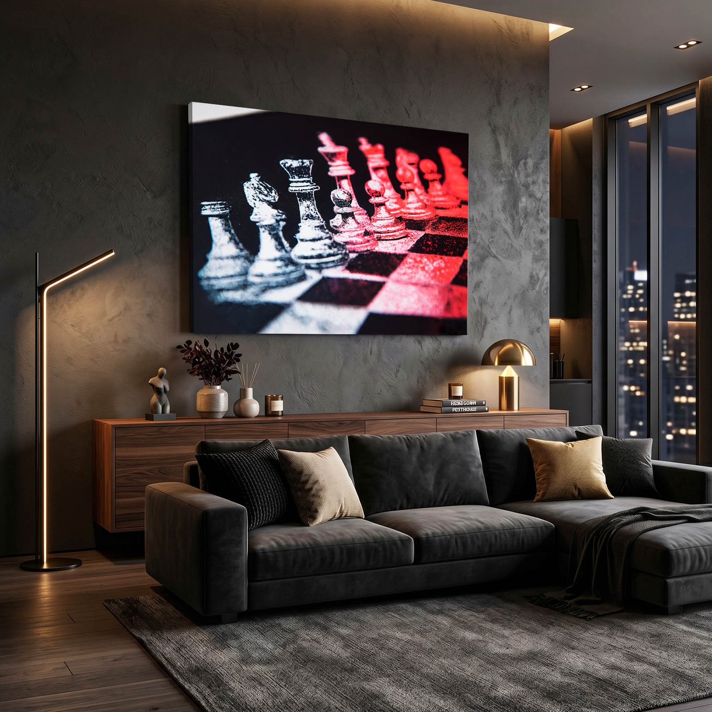 Rose Duotone Standoff Chess Art – styled in a furnished interior