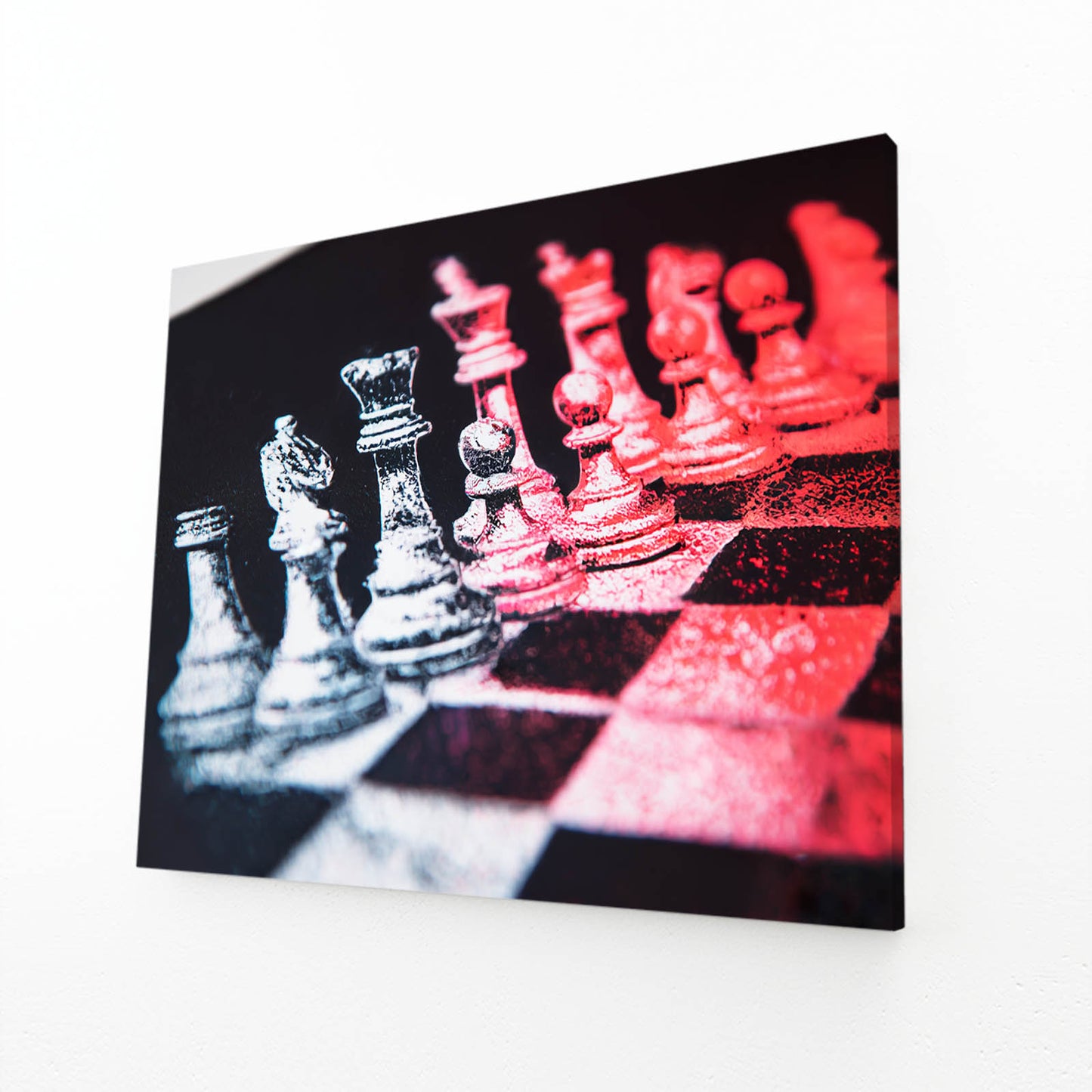Rose Duotone Standoff Chess Art – angled canvas view on white background