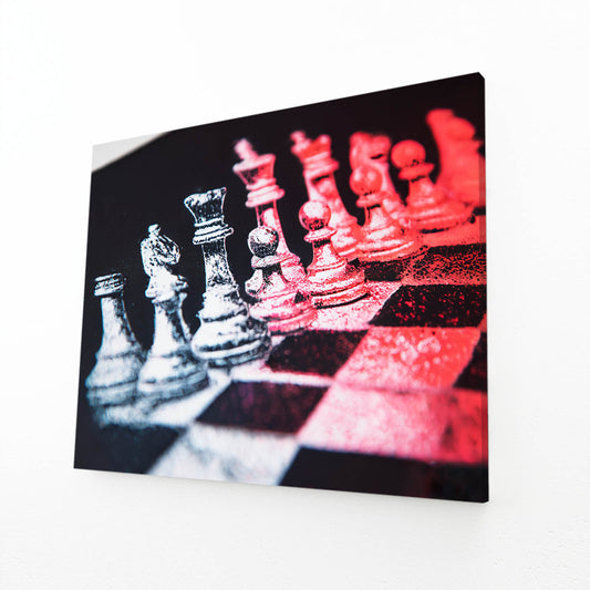 Rose Duotone Standoff Chess Art – angled canvas view on white background