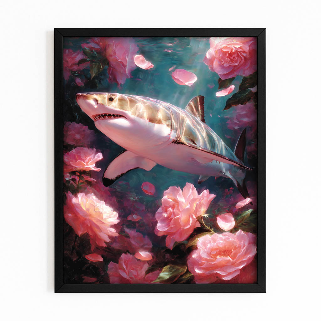 Rose Garden Bloom Shark Wall Art – with Premium Black frame on white background