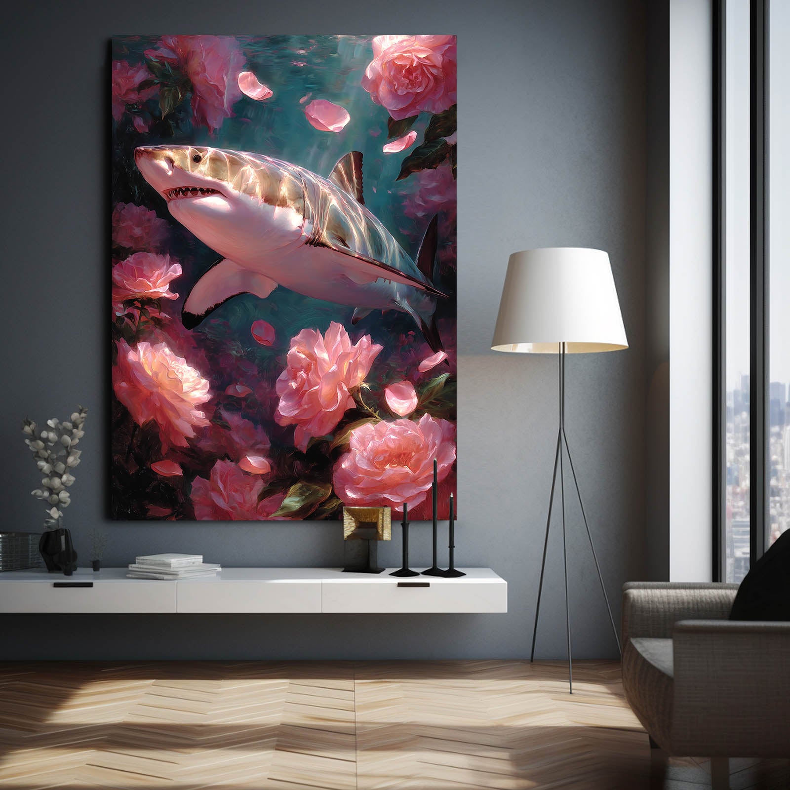 Rose Garden Bloom Shark Wall Art – styled in a furnished interior