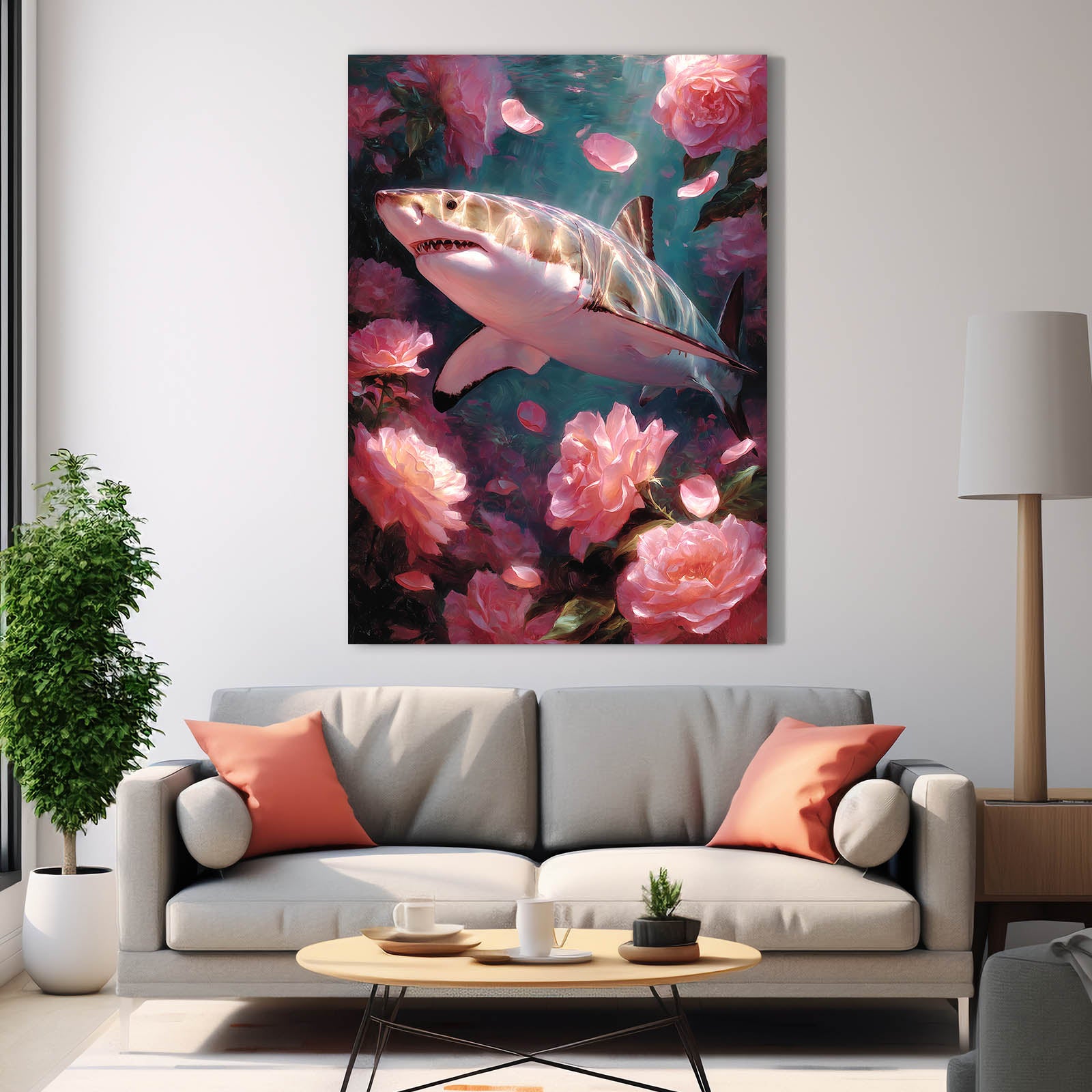 Rose Garden Bloom Shark Wall Art – styled in a furnished interior