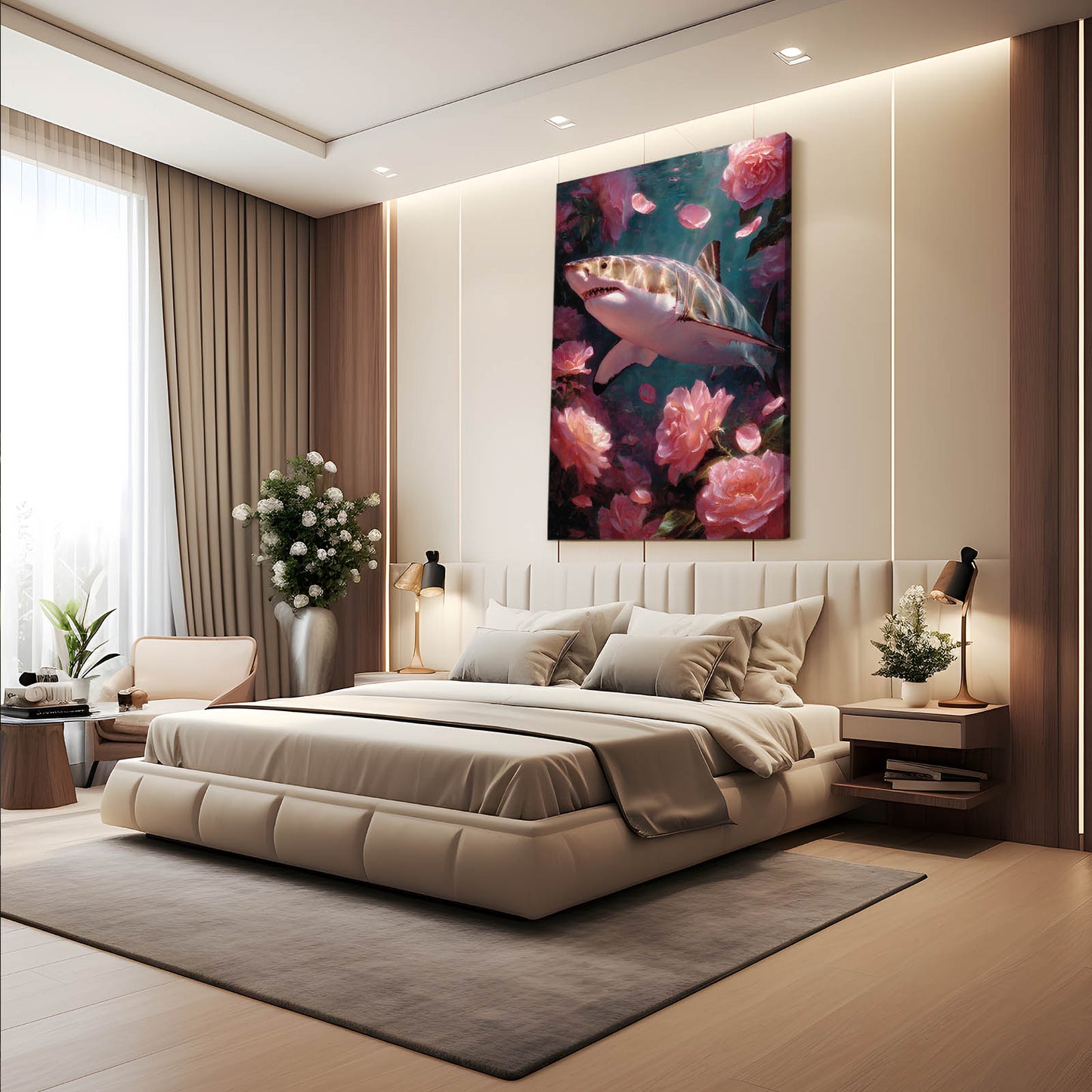 Rose Garden Bloom Shark Wall Art – styled in a furnished interior