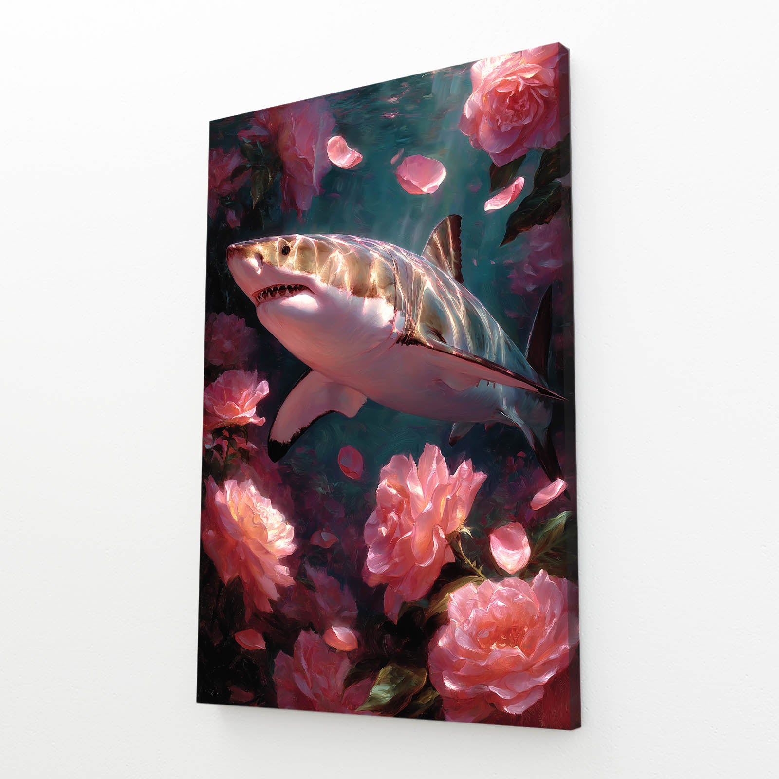 Rose Garden Bloom Shark Wall Art – angled canvas view on white background