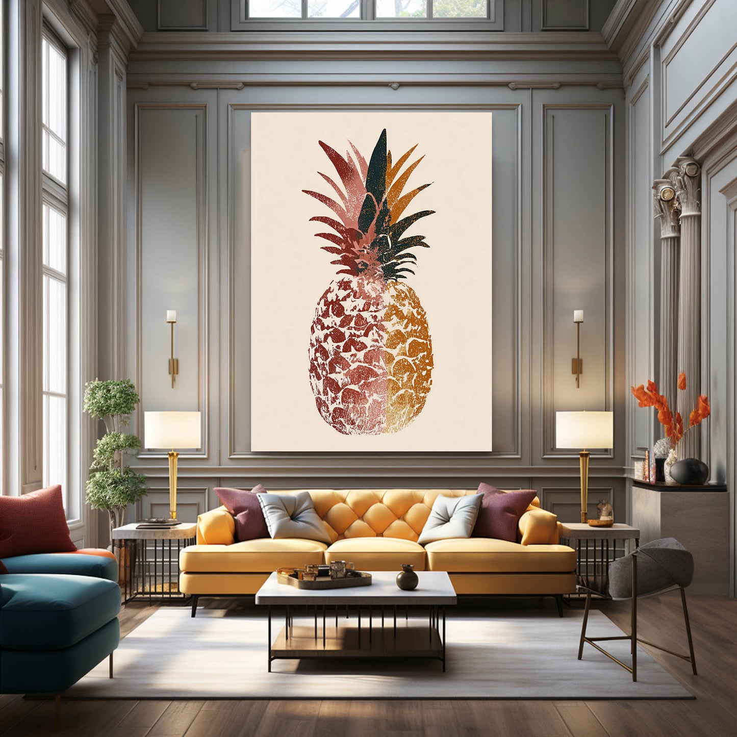 Rose Gold Pineapple Fruit Canvas Art – styled in a furnished interior