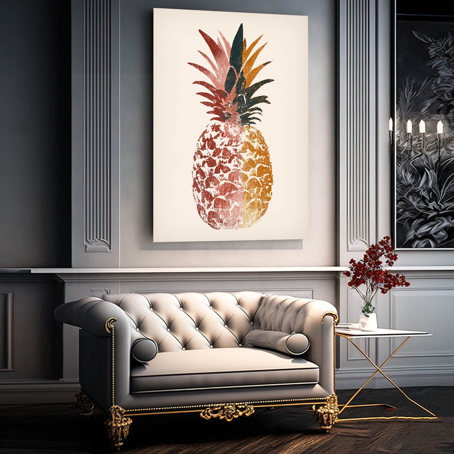 Rose Gold Pineapple Fruit Canvas Art – styled in a furnished interior