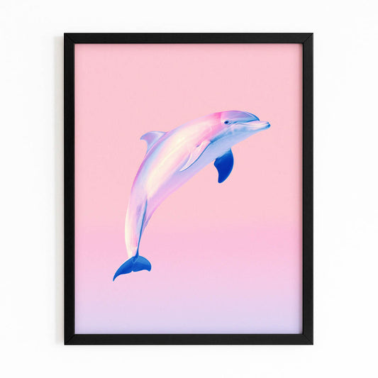 Rose Horizon Dolphin Art – with Premium Black wood frame on white background