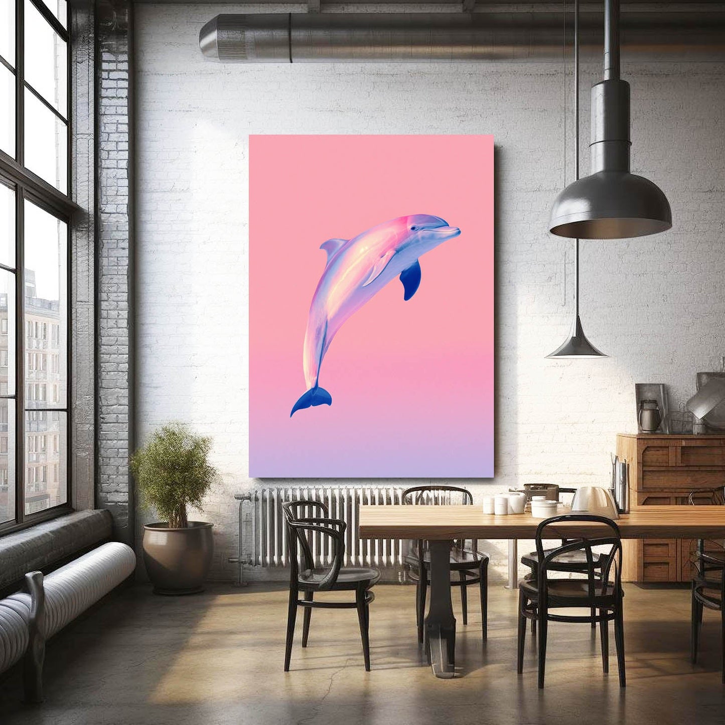 Rose Horizon Dolphin Art – styled in a furnished interior