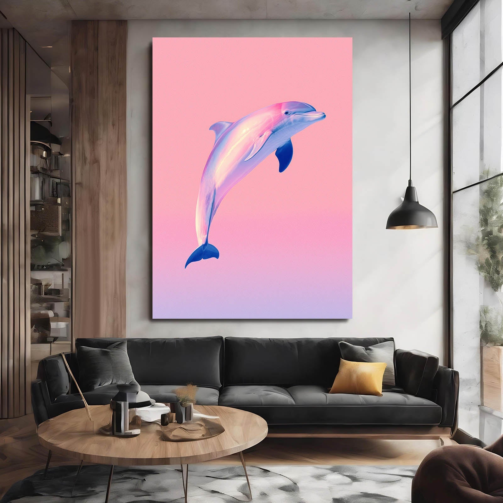 Rose Horizon Dolphin Art – styled in a furnished interior