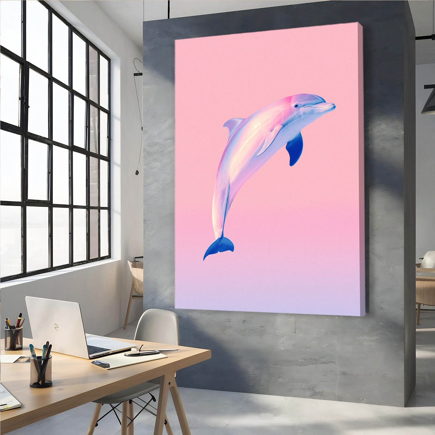 Rose Horizon Dolphin Art – styled in a furnished interior