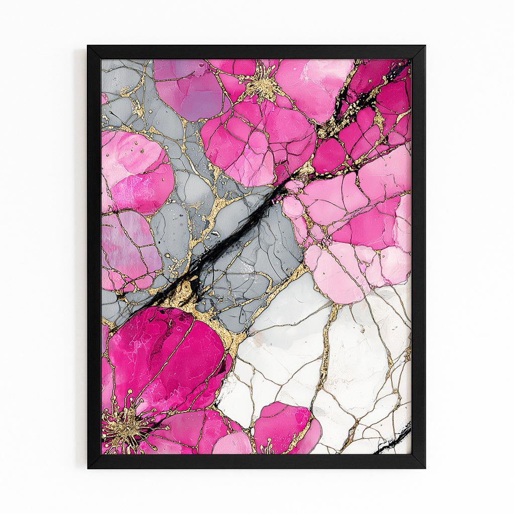 Rose Quartz Marble Cherry Blossom Wall Decor – with Premium Black frame on white background