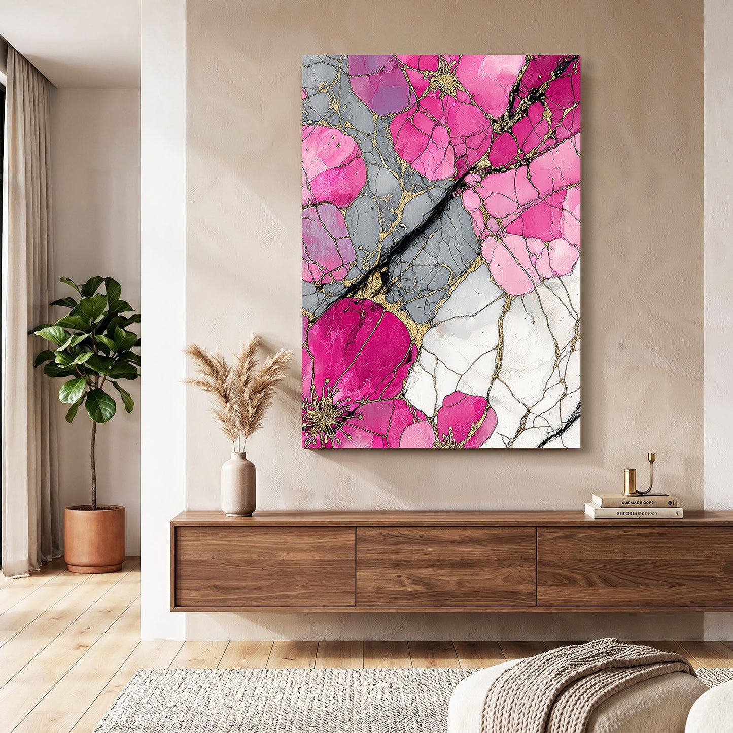 Rose Quartz Marble Cherry Blossom Wall Decor – styled in a furnished interior