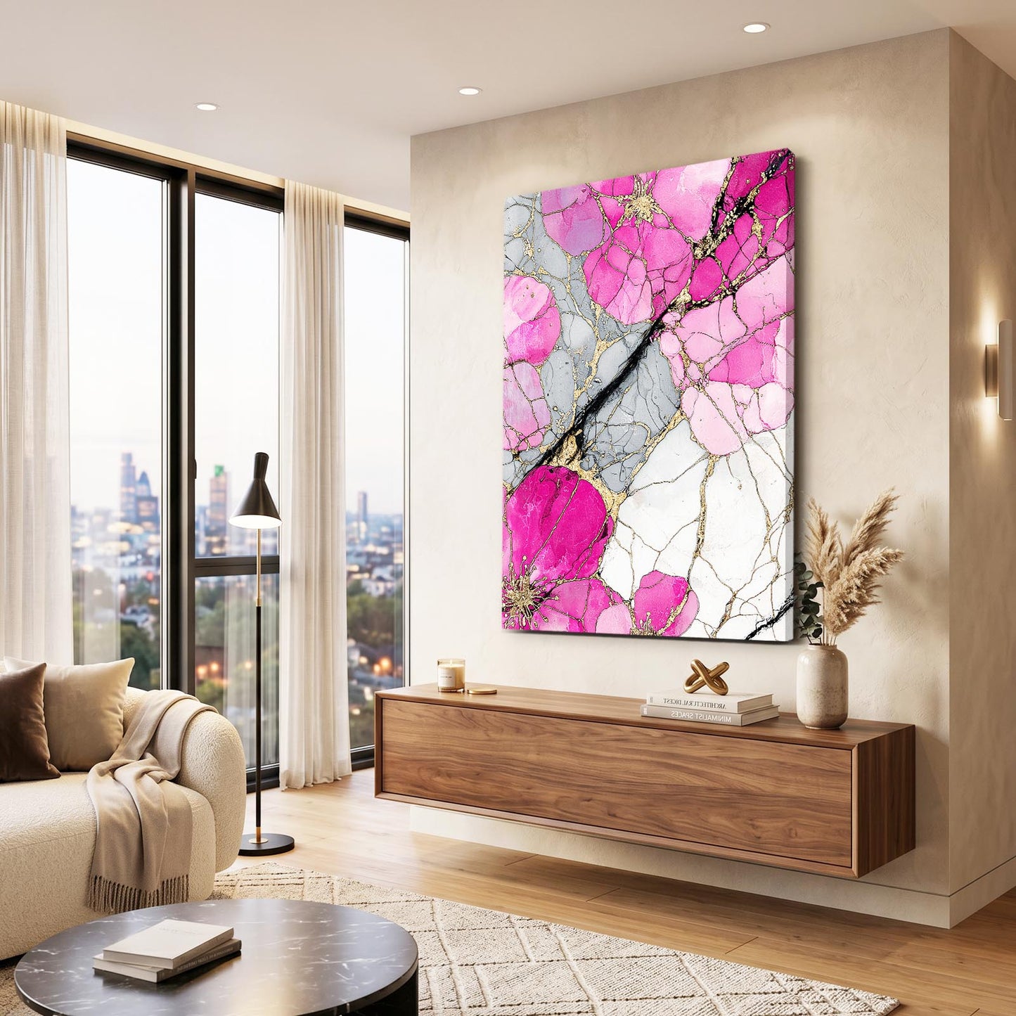 Rose Quartz Marble Cherry Blossom Wall Decor – styled in a furnished interior