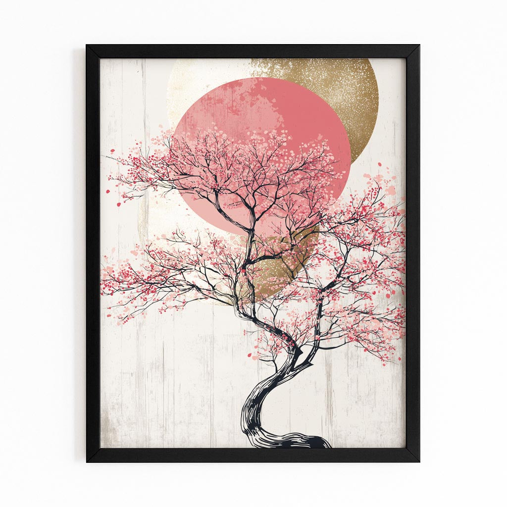 Rose Sun Bonsai Cherry Blossom Canvas Art – with Premium Black frame on white background