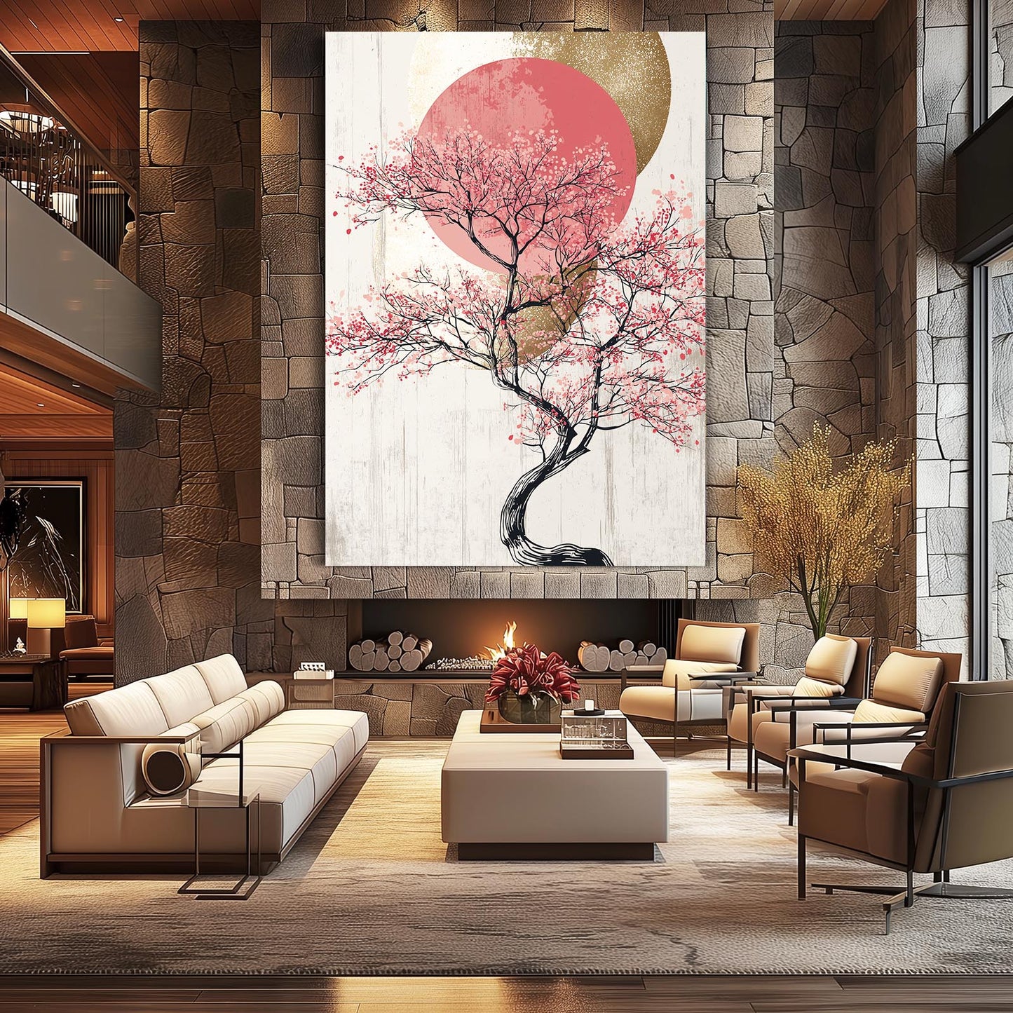 Rose Sun Bonsai Cherry Blossom Canvas Art – styled in a furnished interior