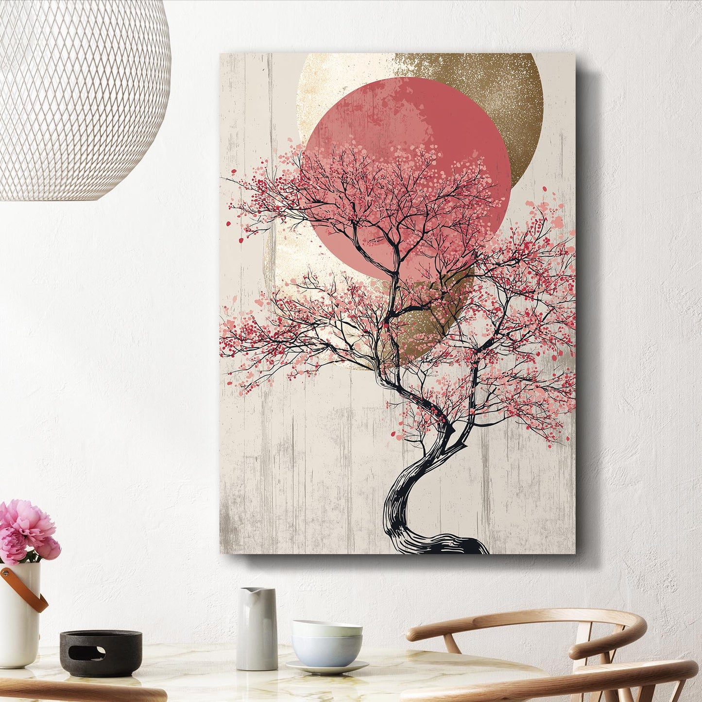 Rose Sun Bonsai Cherry Blossom Canvas Art – styled in a furnished interior