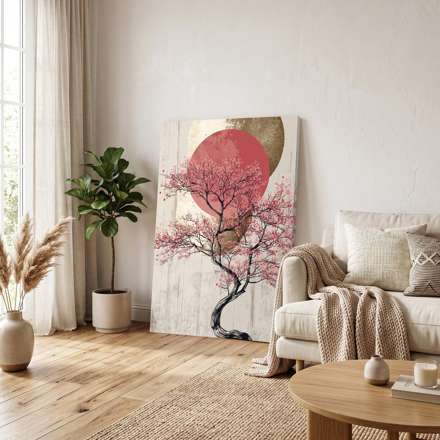 Rose Sun Bonsai Cherry Blossom Canvas Art – styled in a furnished interior
