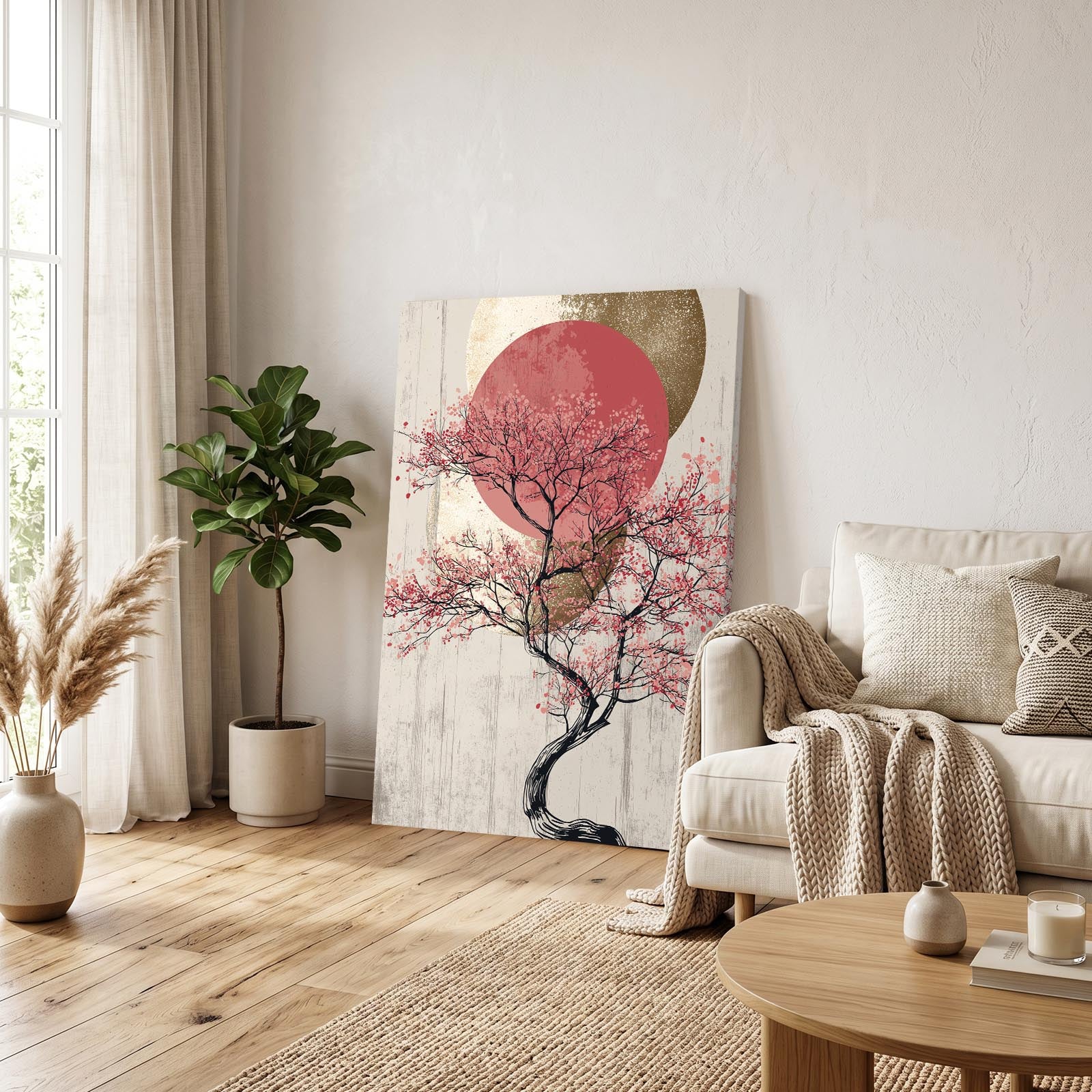Rose Sun Bonsai Cherry Blossom Canvas Art – styled in a furnished interior