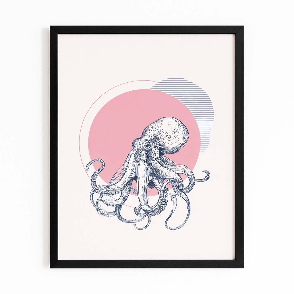 Rose Sun Sketch Octopus Canvas – with Premium Black frame on white background