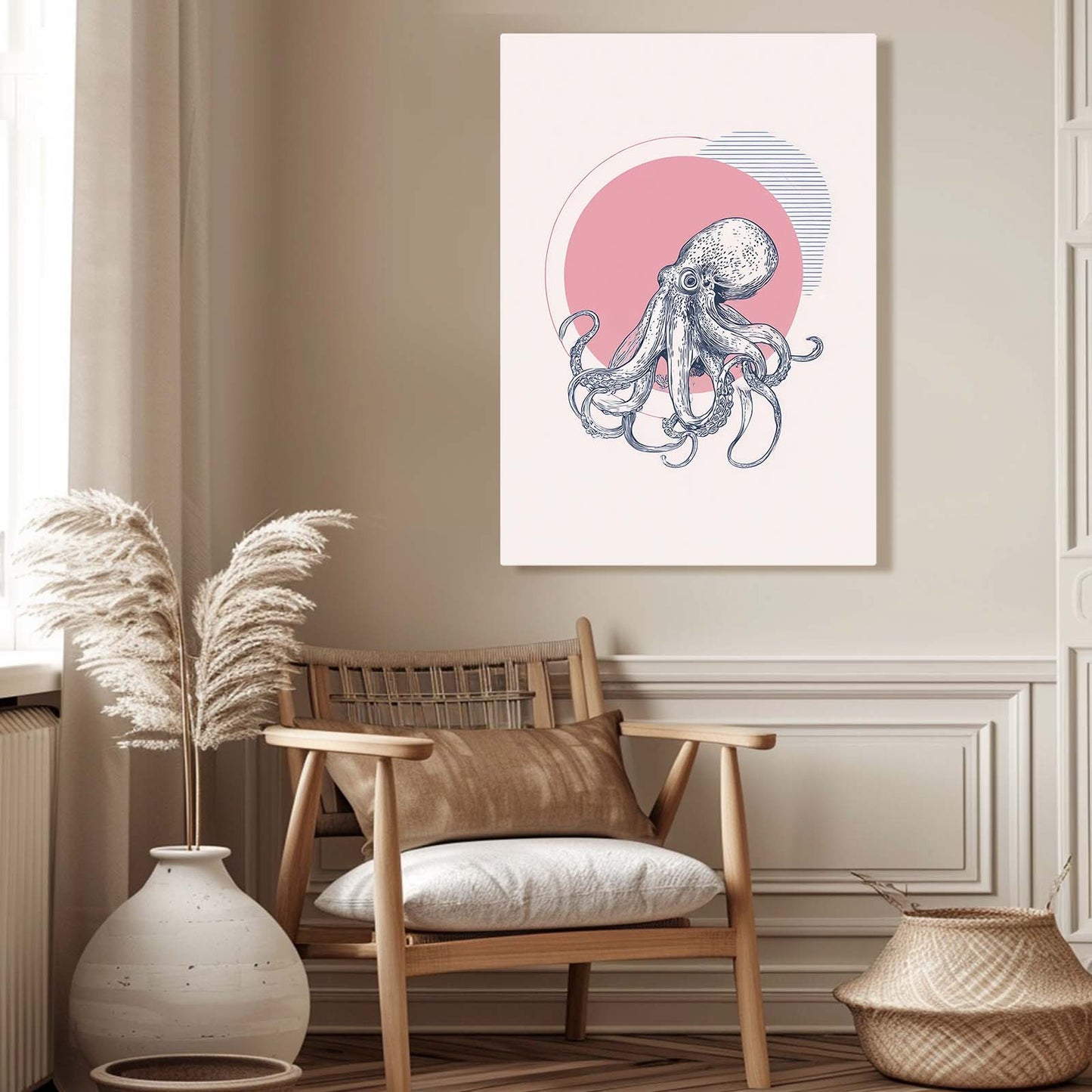 Rose Sun Sketch Octopus Canvas – styled in a furnished interior
