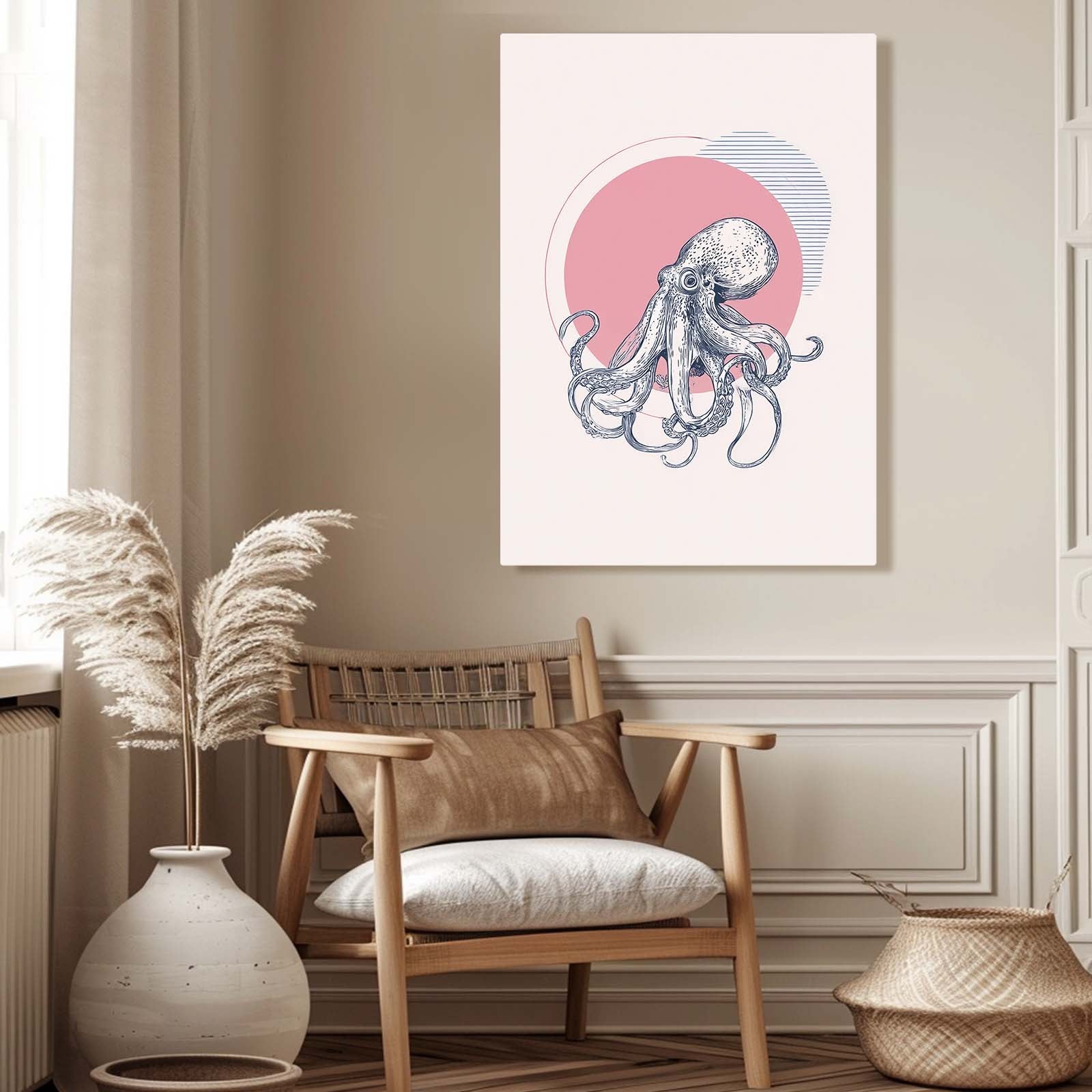 Rose Sun Sketch Octopus Canvas – styled in a furnished interior