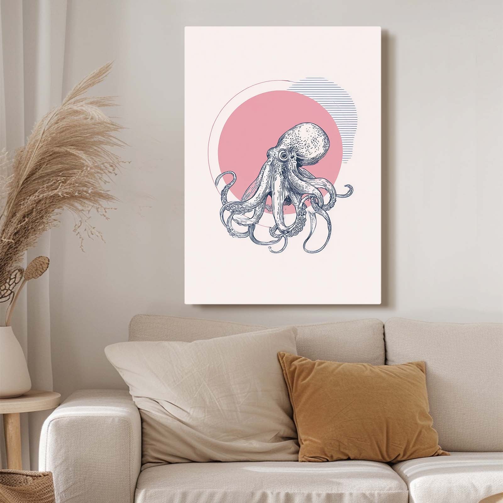 Rose Sun Sketch Octopus Canvas – styled in a furnished interior