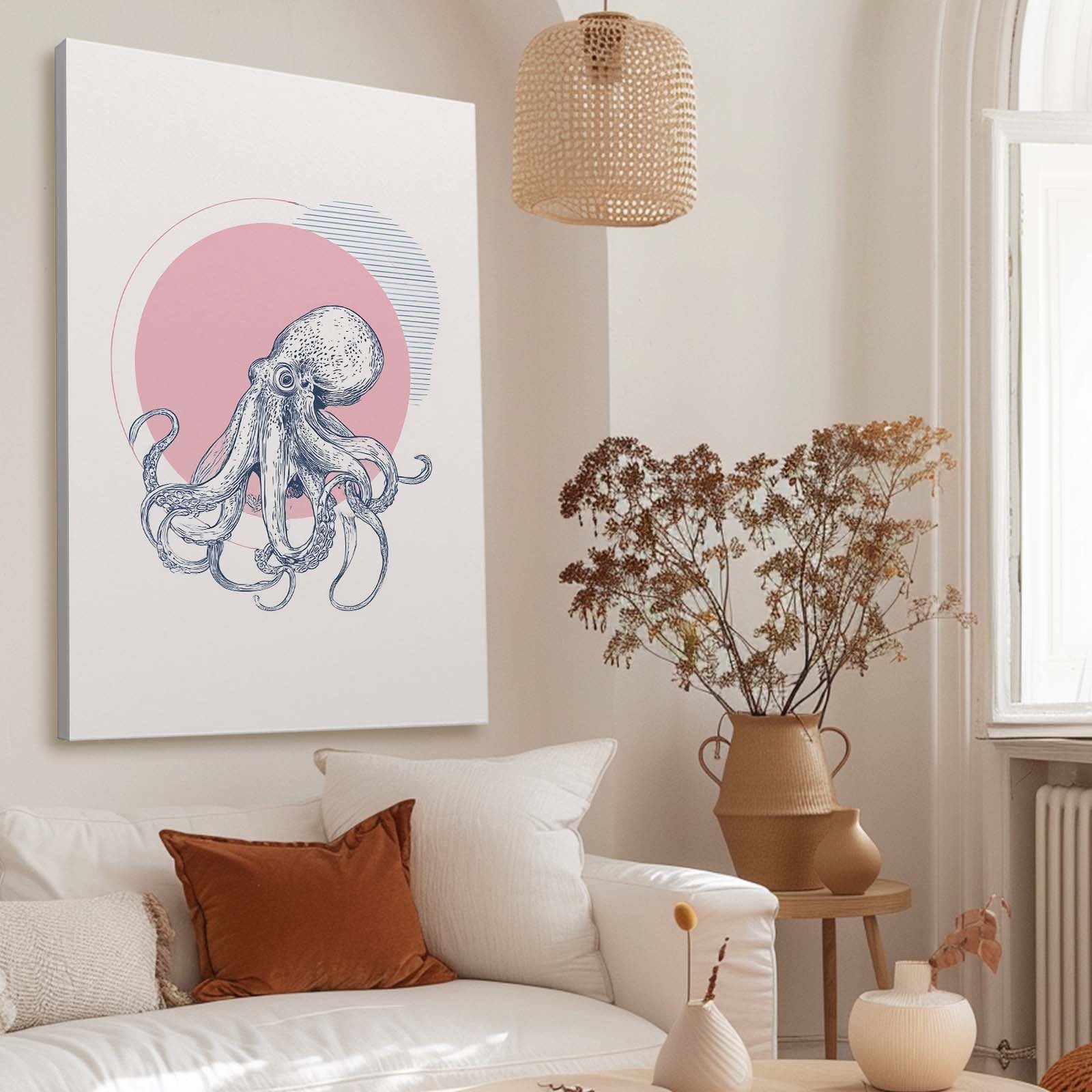 Rose Sun Sketch Octopus Canvas – styled in a furnished interior