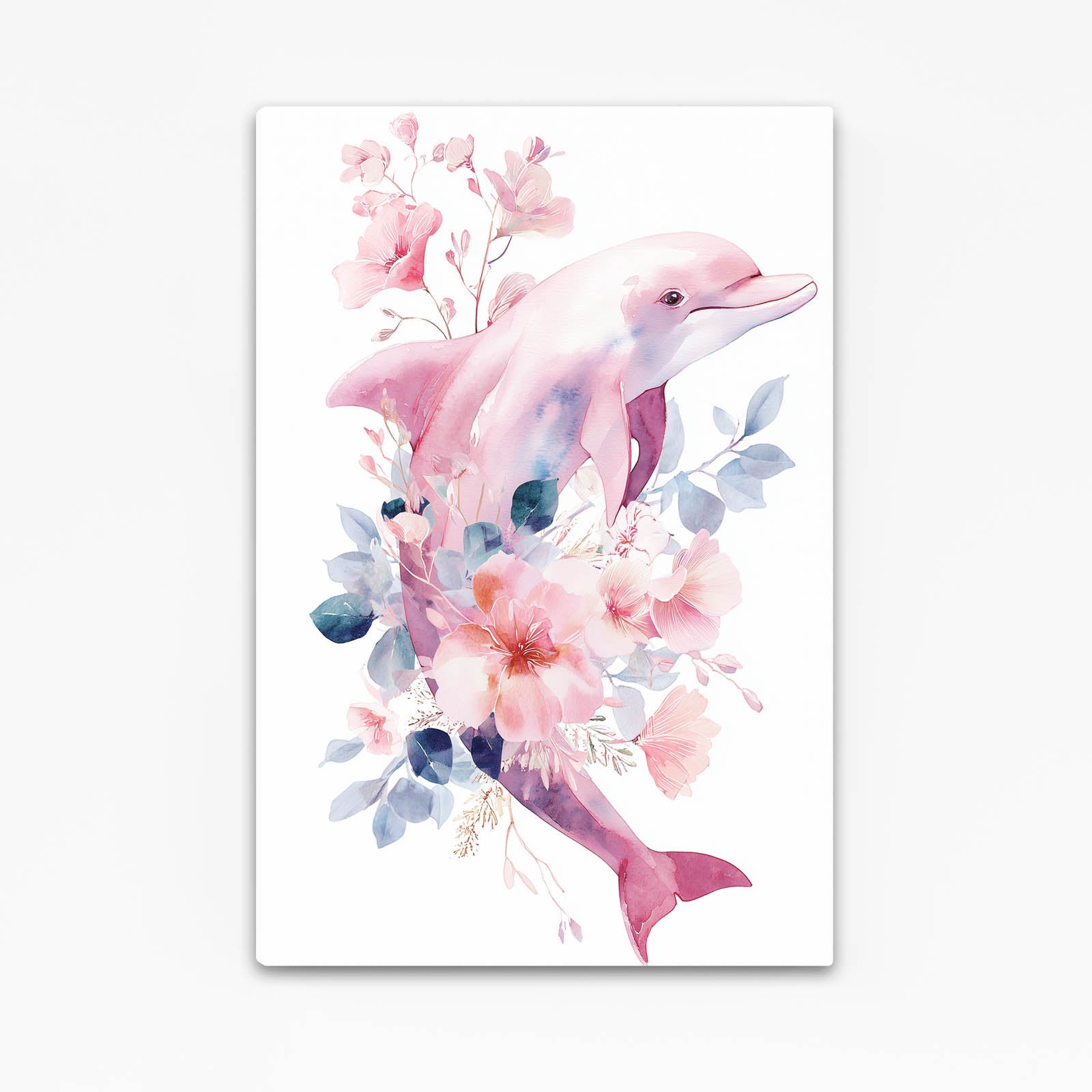 Rosewater Bloom Dolphin Art – pink dolphin rising through blush florals in soft washes on white