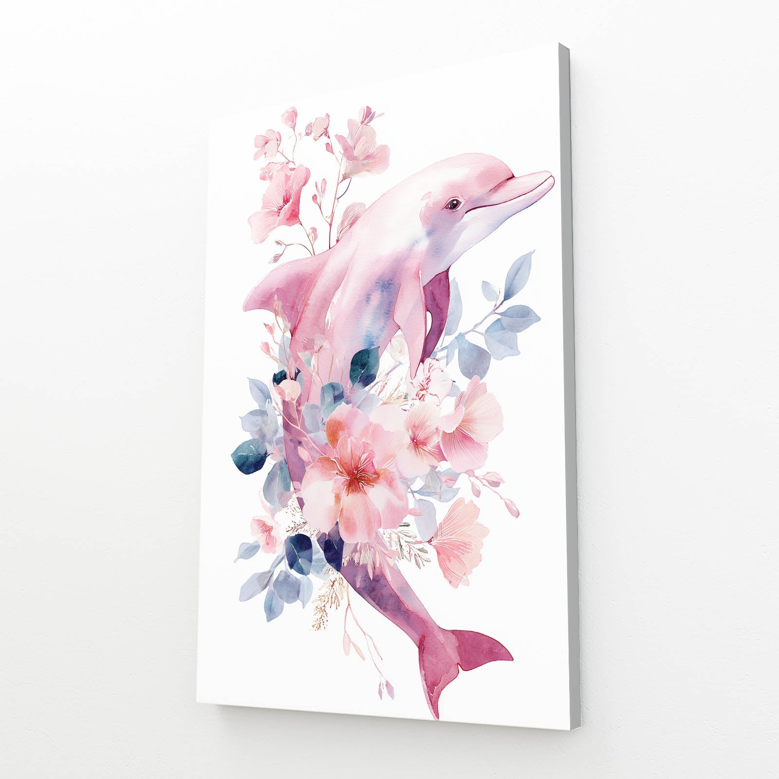 Rosewater Bloom Dolphin Art – angled canvas view on white background