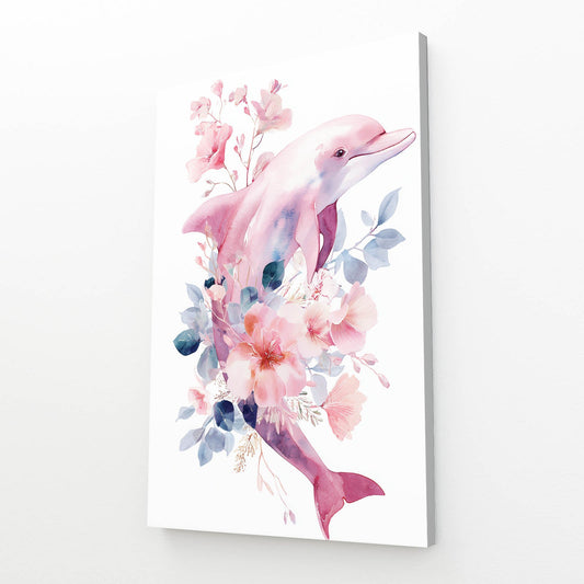 Rosewater Bloom Dolphin Art – angled canvas view on white background