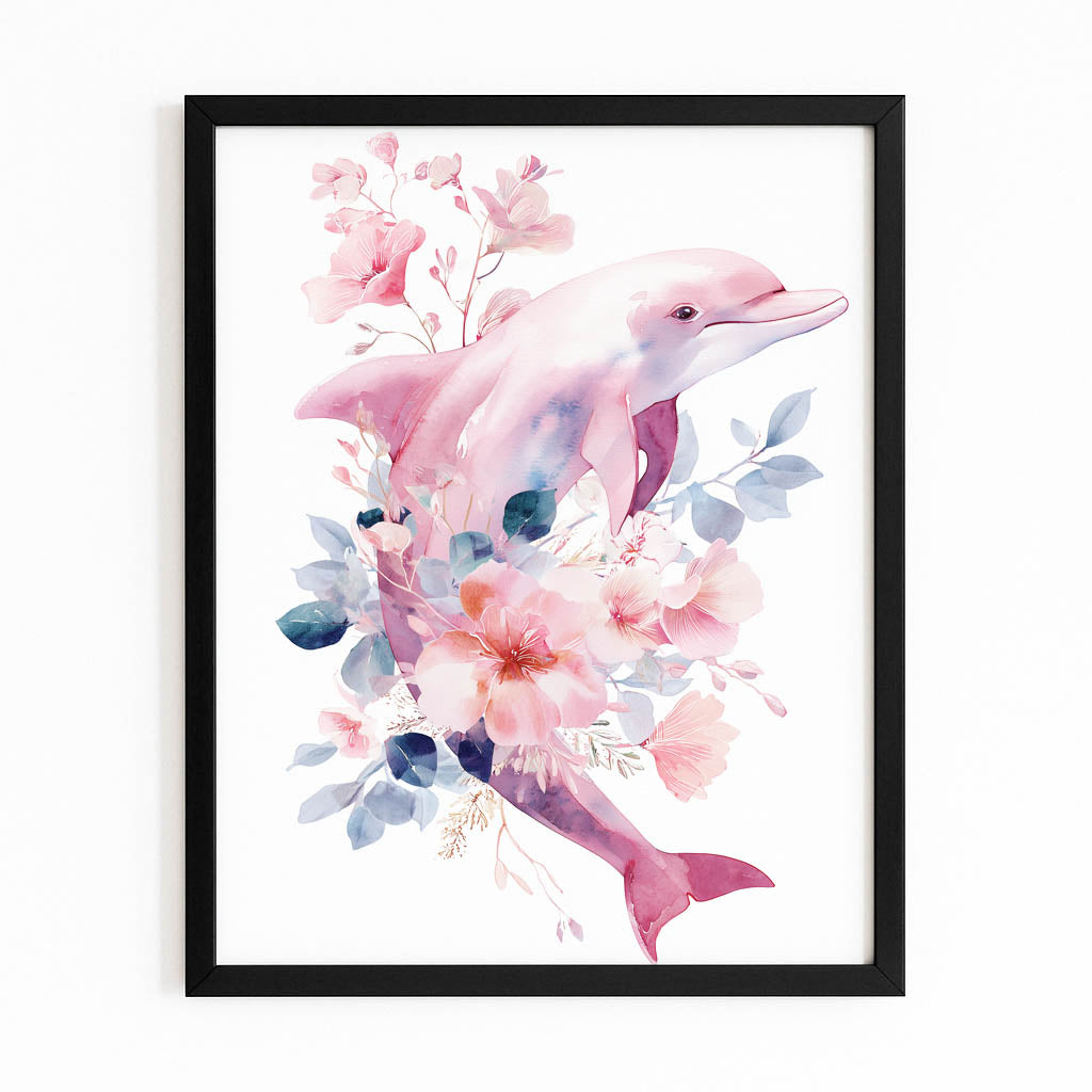Rosewater Bloom Dolphin Art — botanical canvas print, with Premium Black frame on white background