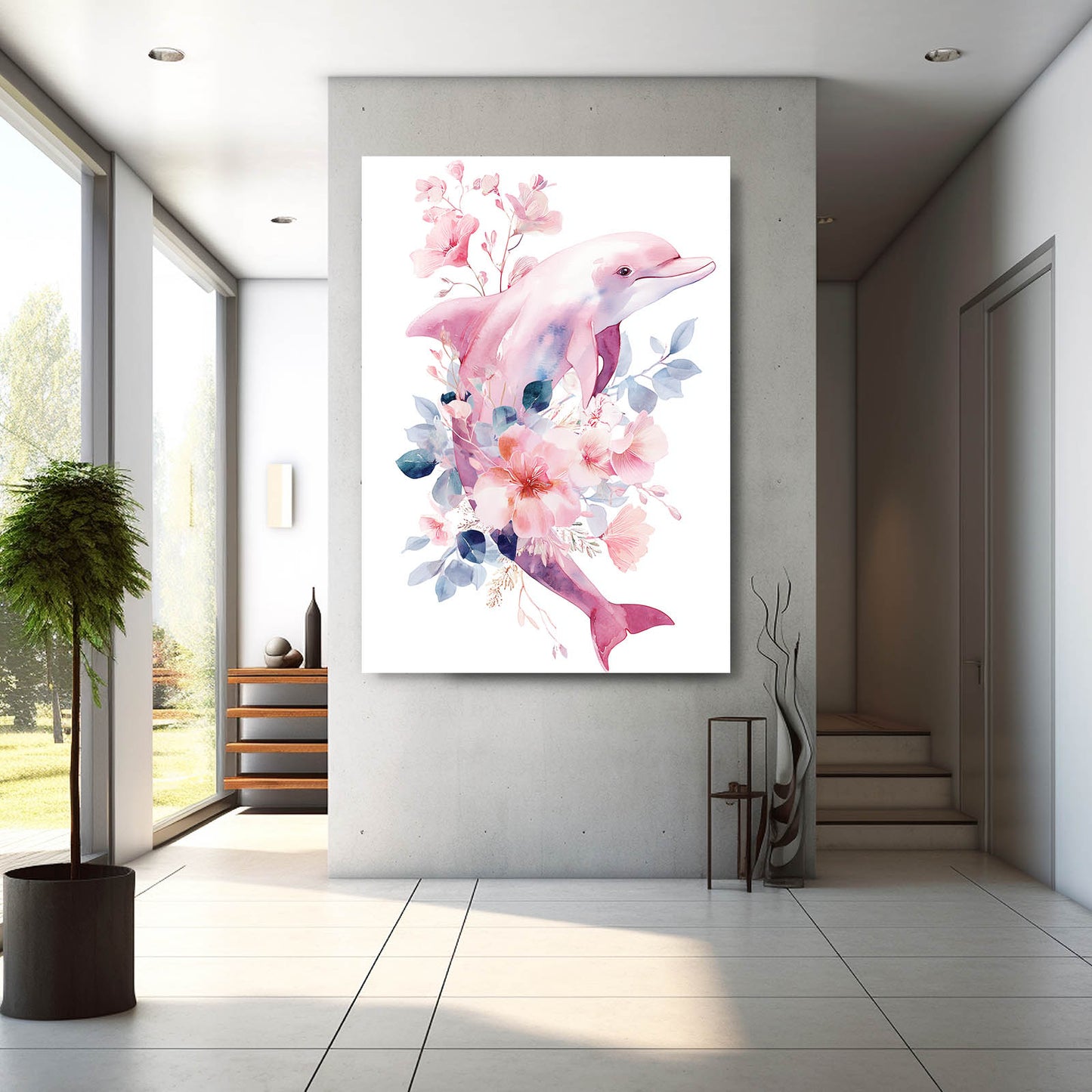 Rosewater Bloom Dolphin Art – styled in a furnished interior