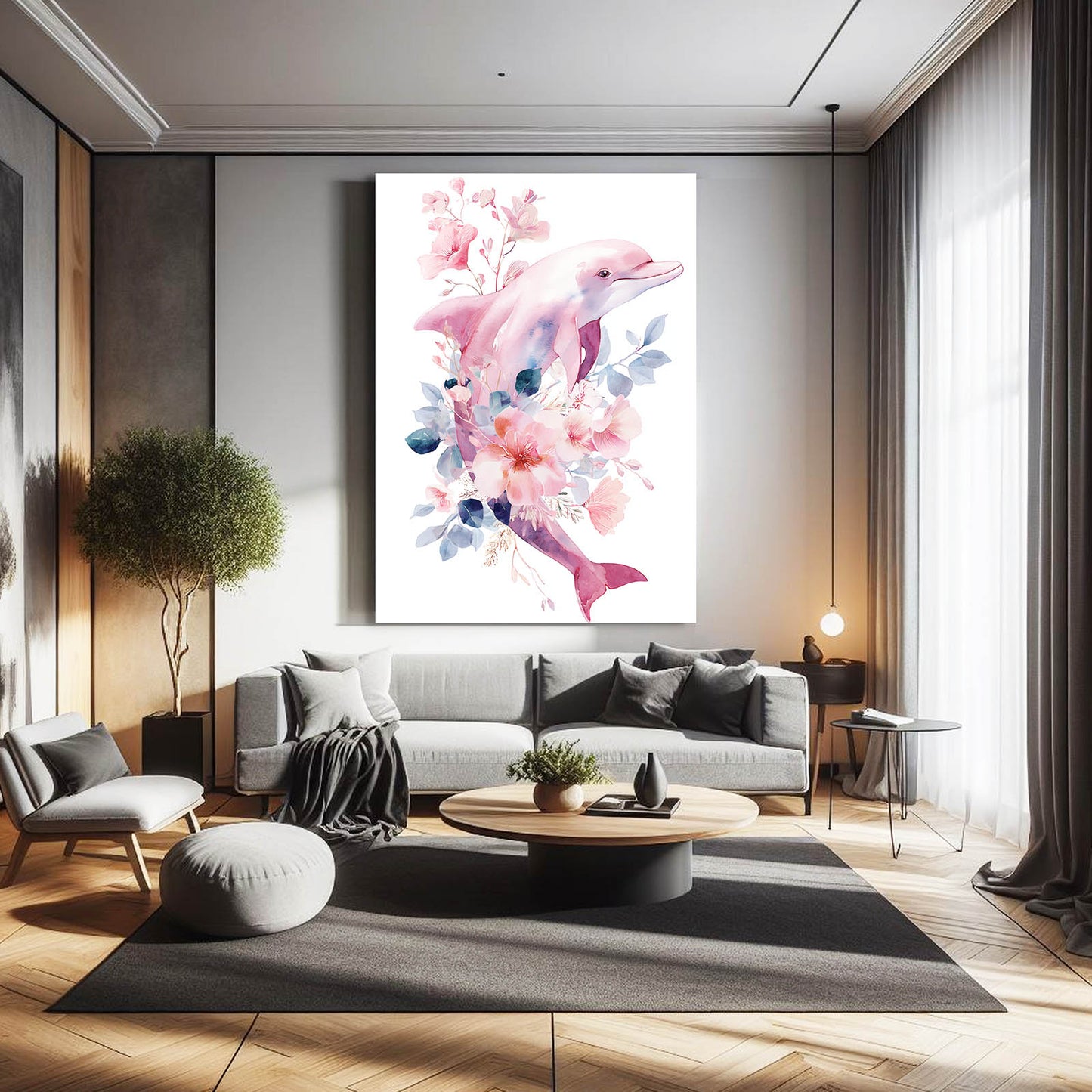 Rosewater Bloom Dolphin Art – styled in a furnished interior