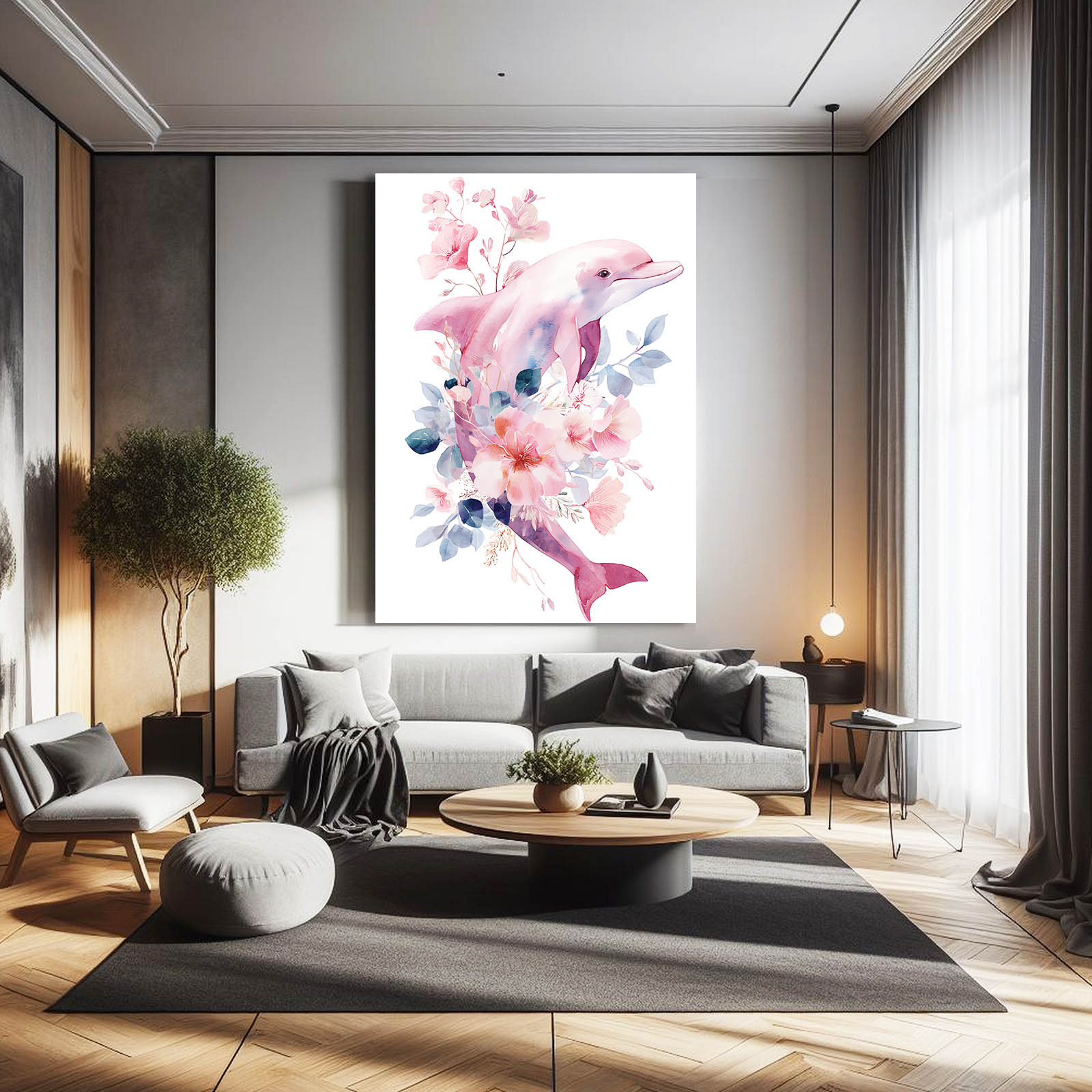 Rosewater Bloom Dolphin Art – styled in a furnished interior