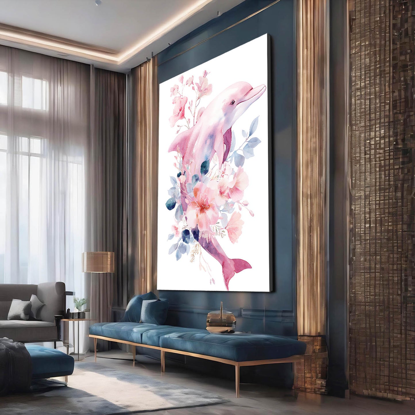 Rosewater Bloom Dolphin Art – styled in a furnished interior