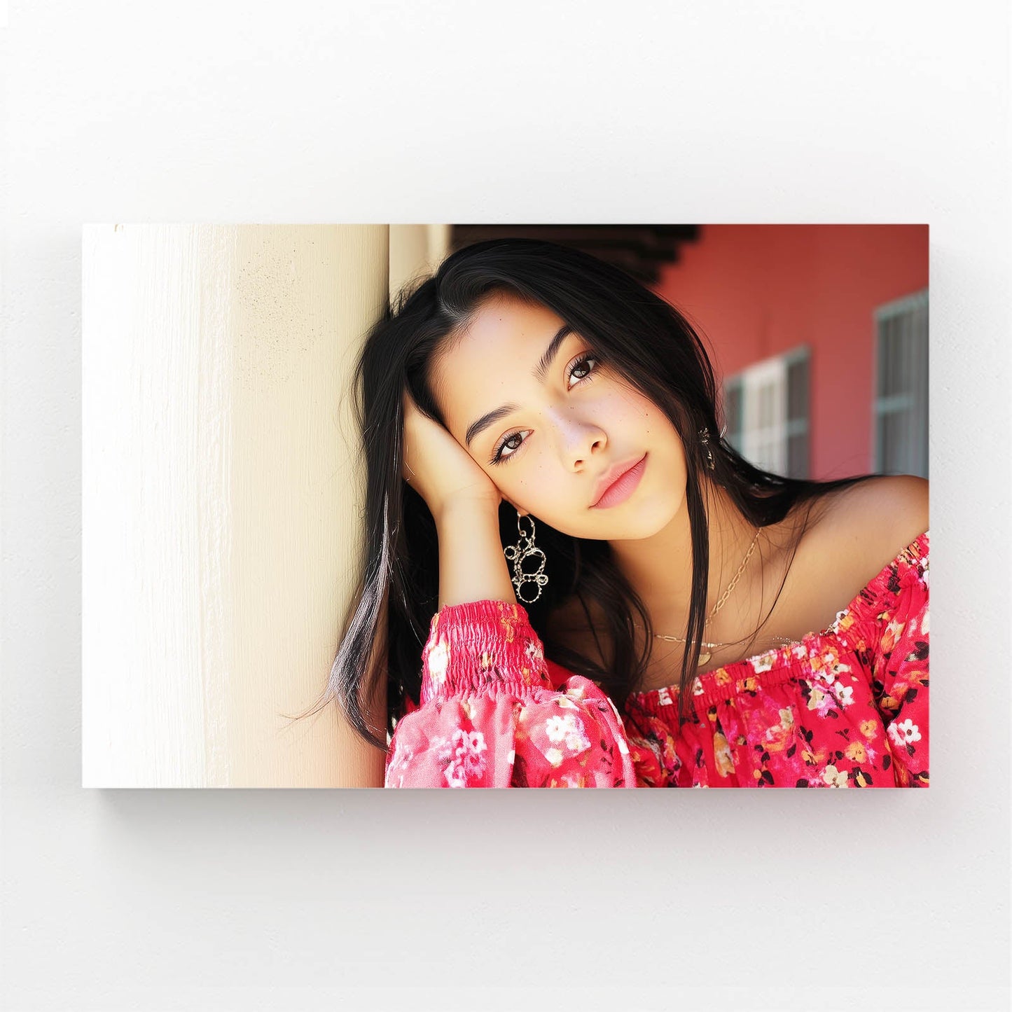 Rosy Daydream Photography Wall Art – daydreaming woman in a red floral top, warm light