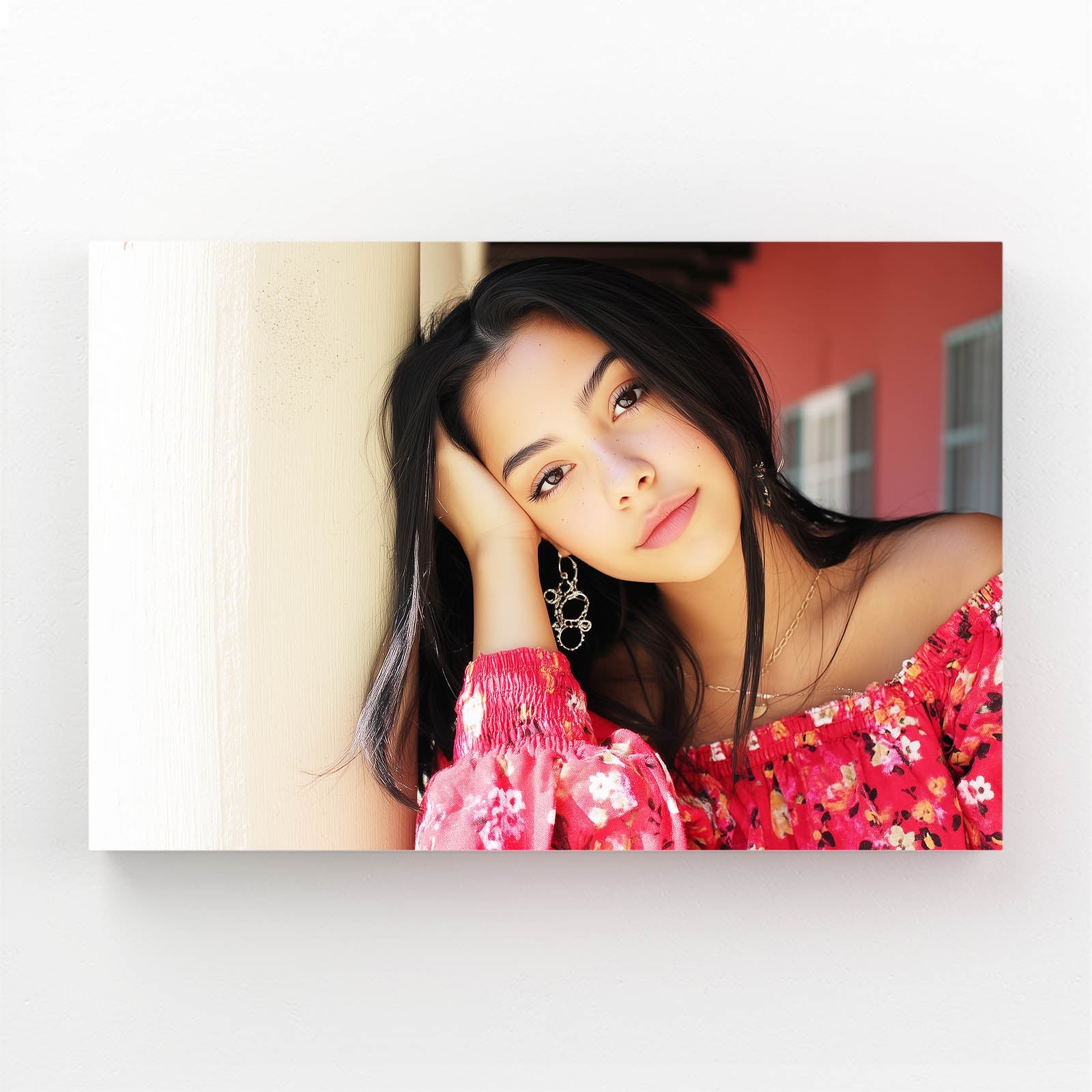 Rosy Daydream Photography Wall Art – daydreaming woman in a red floral top, warm light